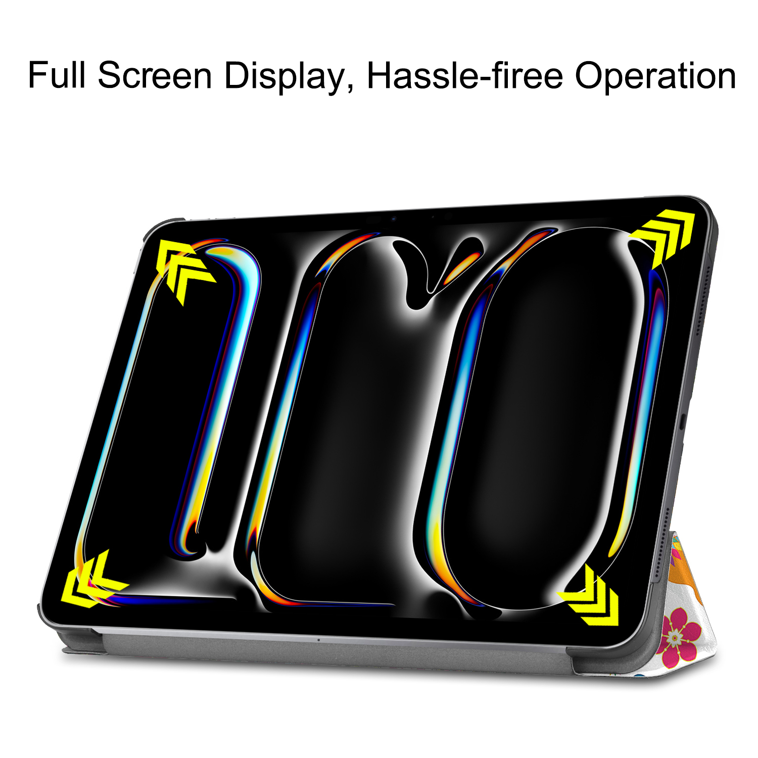 Tablet in Hülle, mit bunten Muster auf der Rückseite. Pfeile zeigen die Ecken.