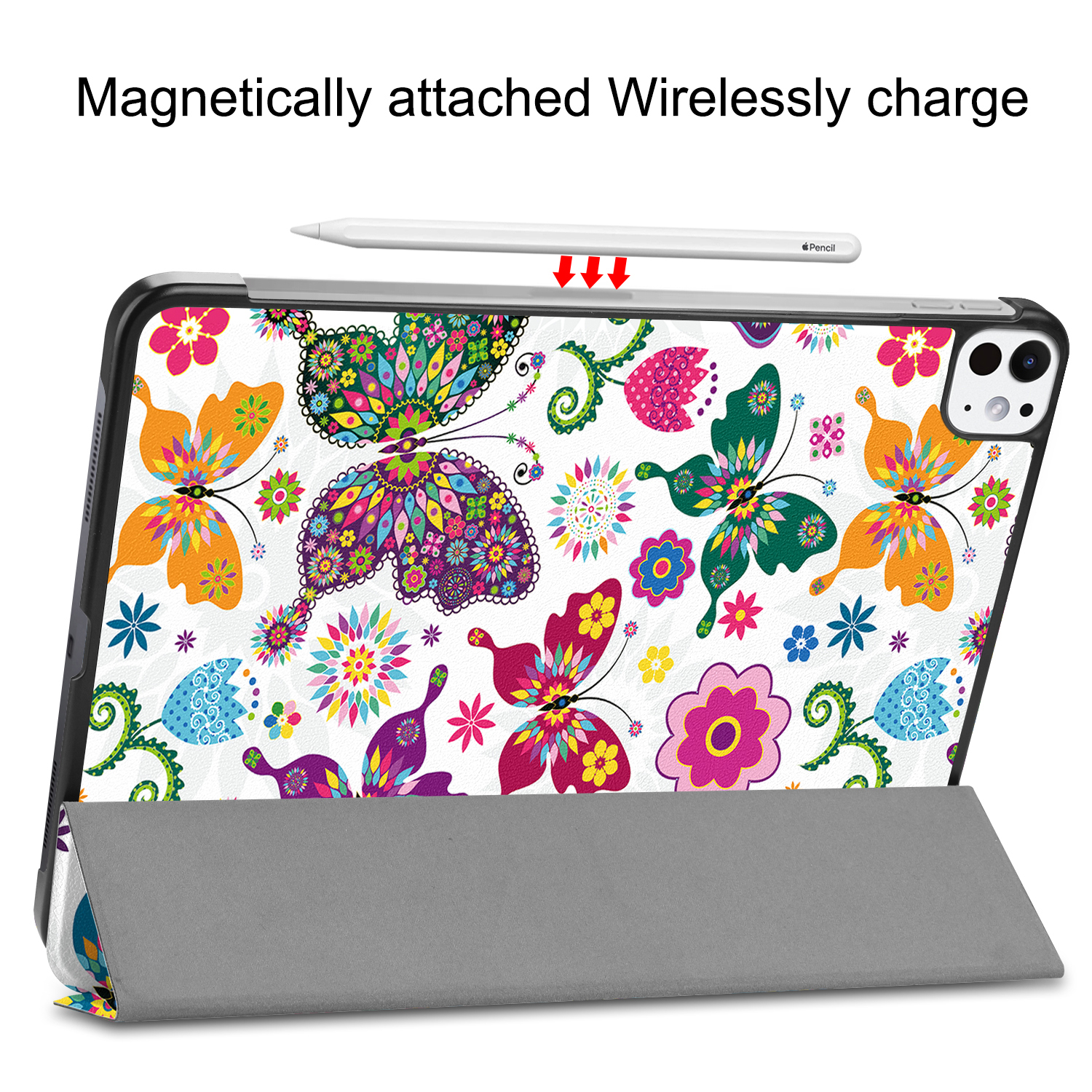 Tablet in einer Hülle mit buntem Schmetterlingsdesign. Stift ist magnetisch befestigt. Die Hülle ist offen.