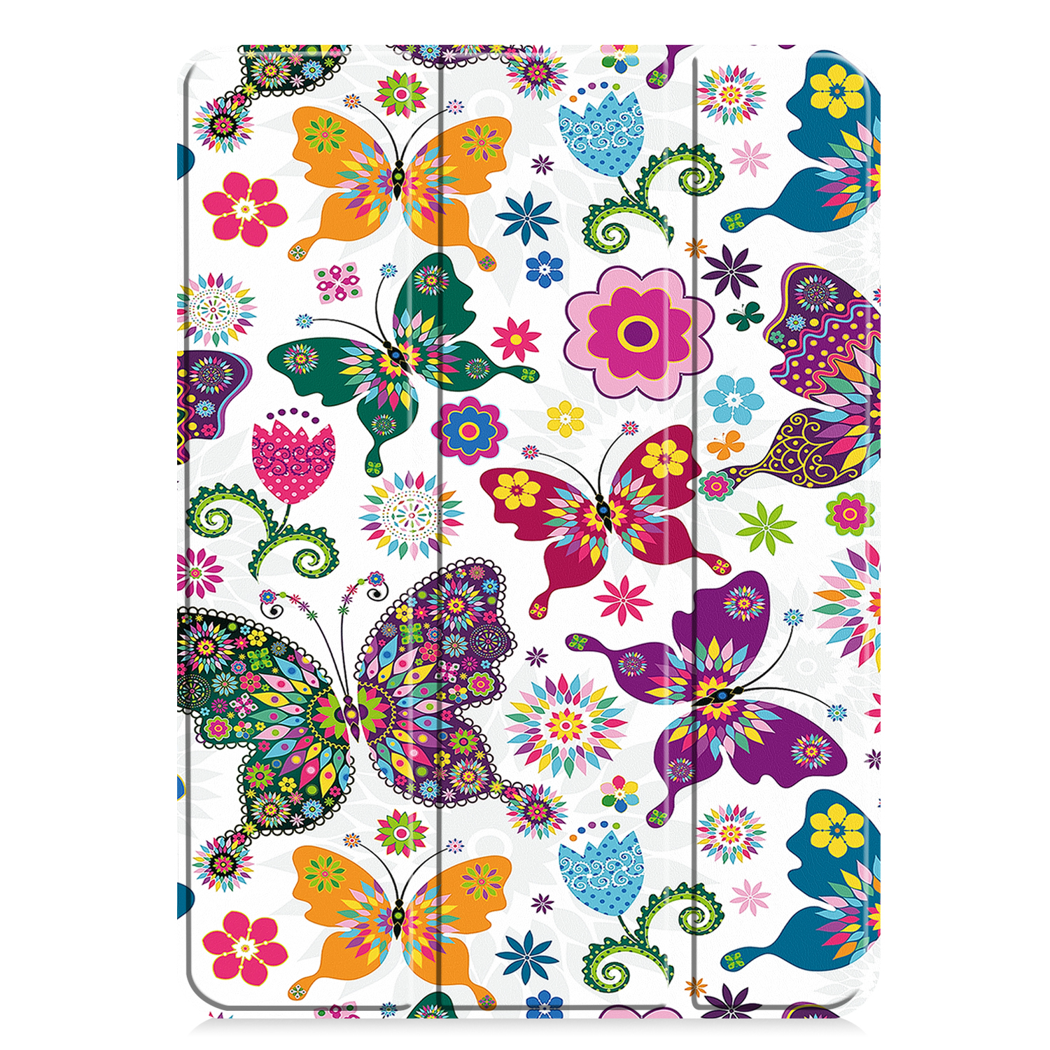 Tablet-Hülle mit buntem Schmetterlingsmuster auf weißem Hintergrund, mit floralen Details.