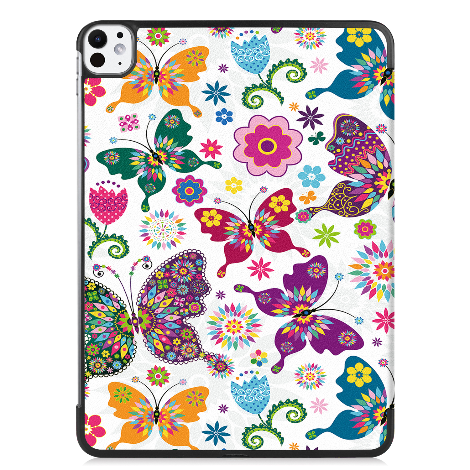 Eine Tablet-Hülle mit farbenfrohem Schmetterlingsdesign auf weißem Hintergrund, umgeben von floralen Mustern.