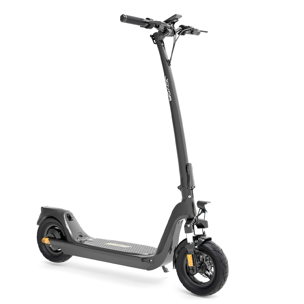 Czarny skuter elektryczny z czarną ramą, czarnym siedzeniem i żółtymi akcentami na kołach.