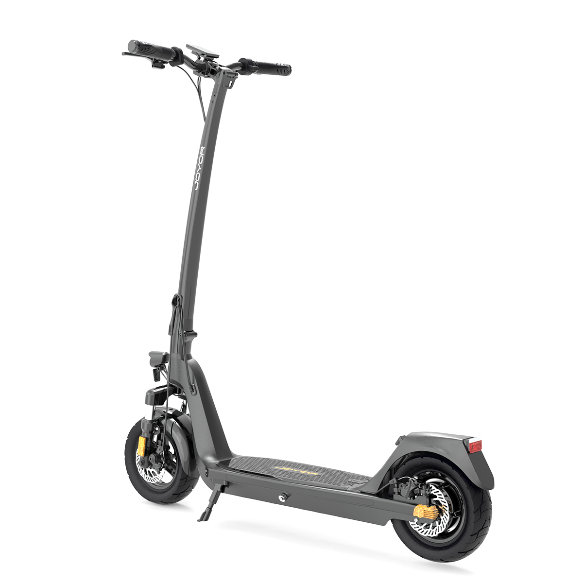 Szara hulajnoga elektryczna na białym tle, skierowana do widza.