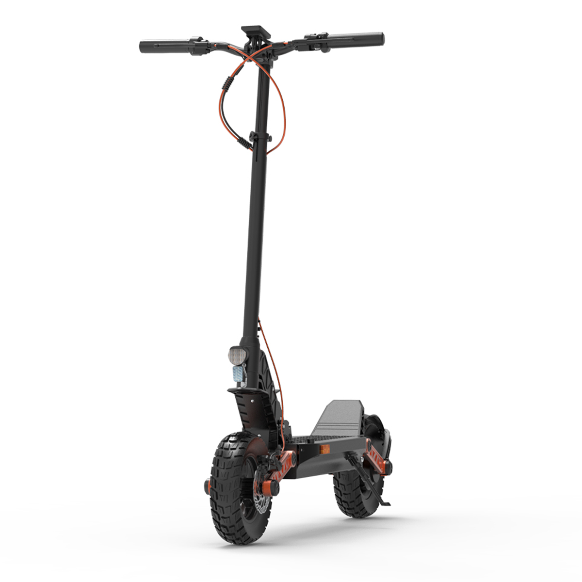 Czarna hulajnoga elektryczna z pomarańczowymi akcentami na białym tle.