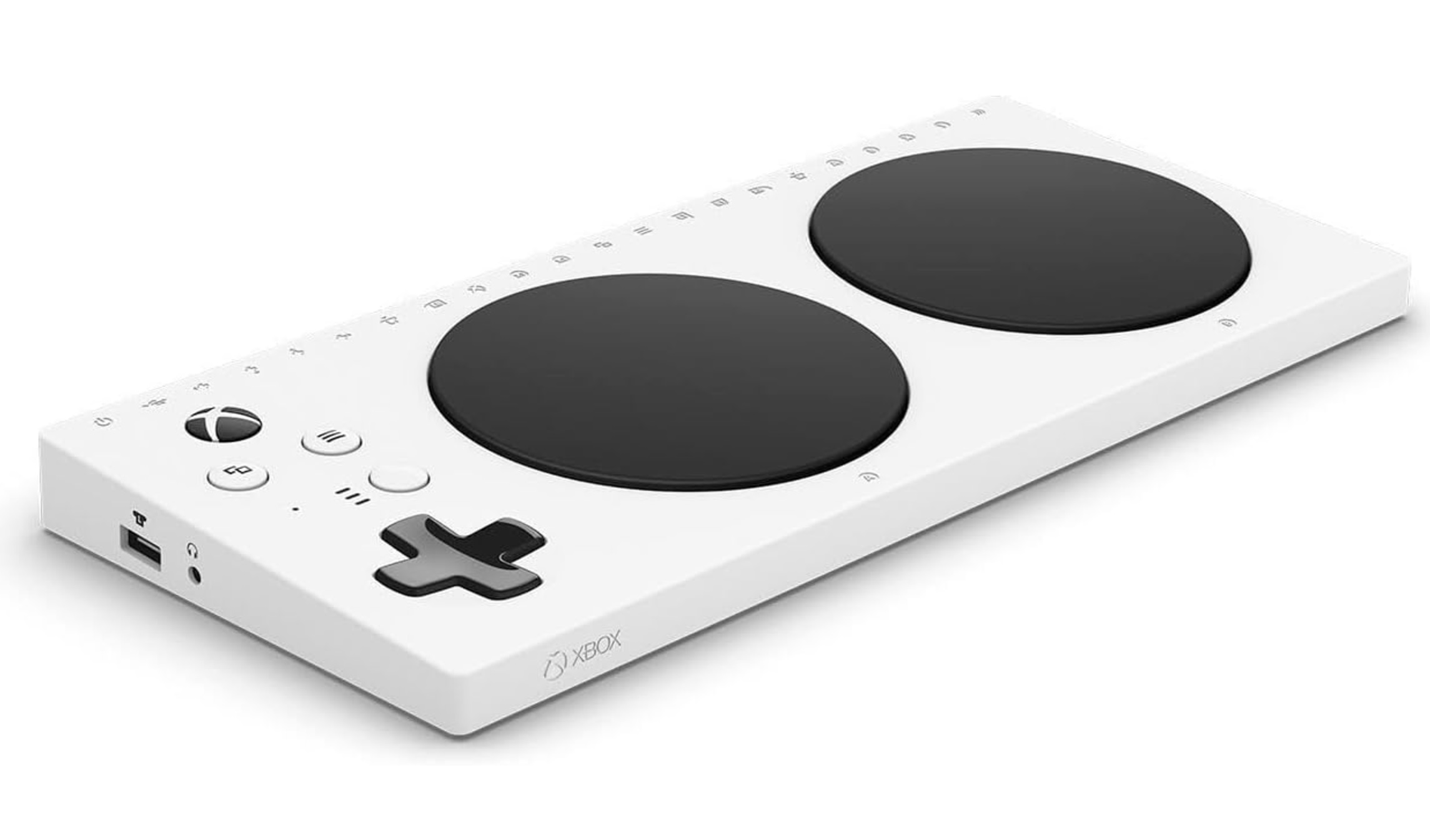 Un controller adattivo Xbox bianco con due pulsanti circolari neri e altri pulsanti.