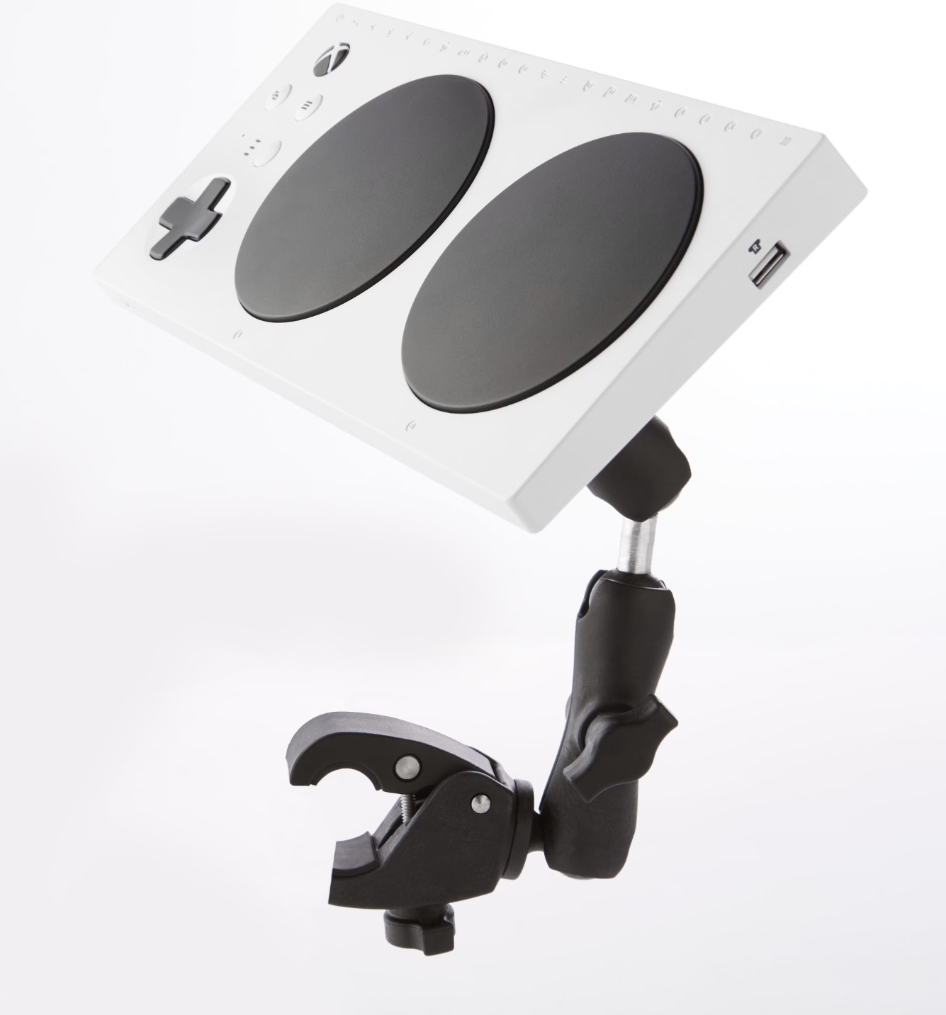 Controller DJ bianco con pad circolari neri e morsetto nero.