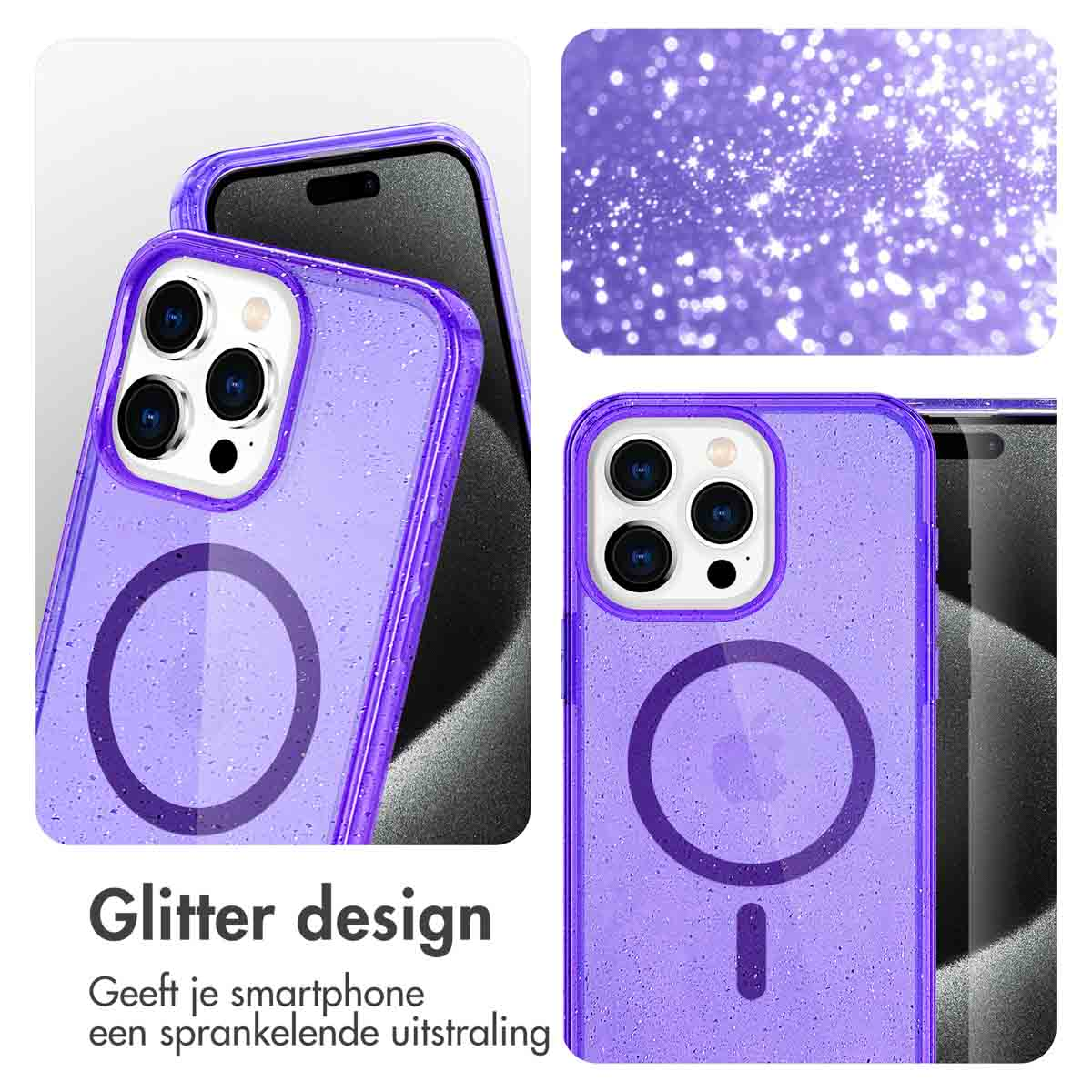IMOSHION Sparkle Backcover met MagSafe - Geschikt voor Apple iPhone 15 Pro - Telefoonhoesje voor Apple iPhone 15 Pro Paars