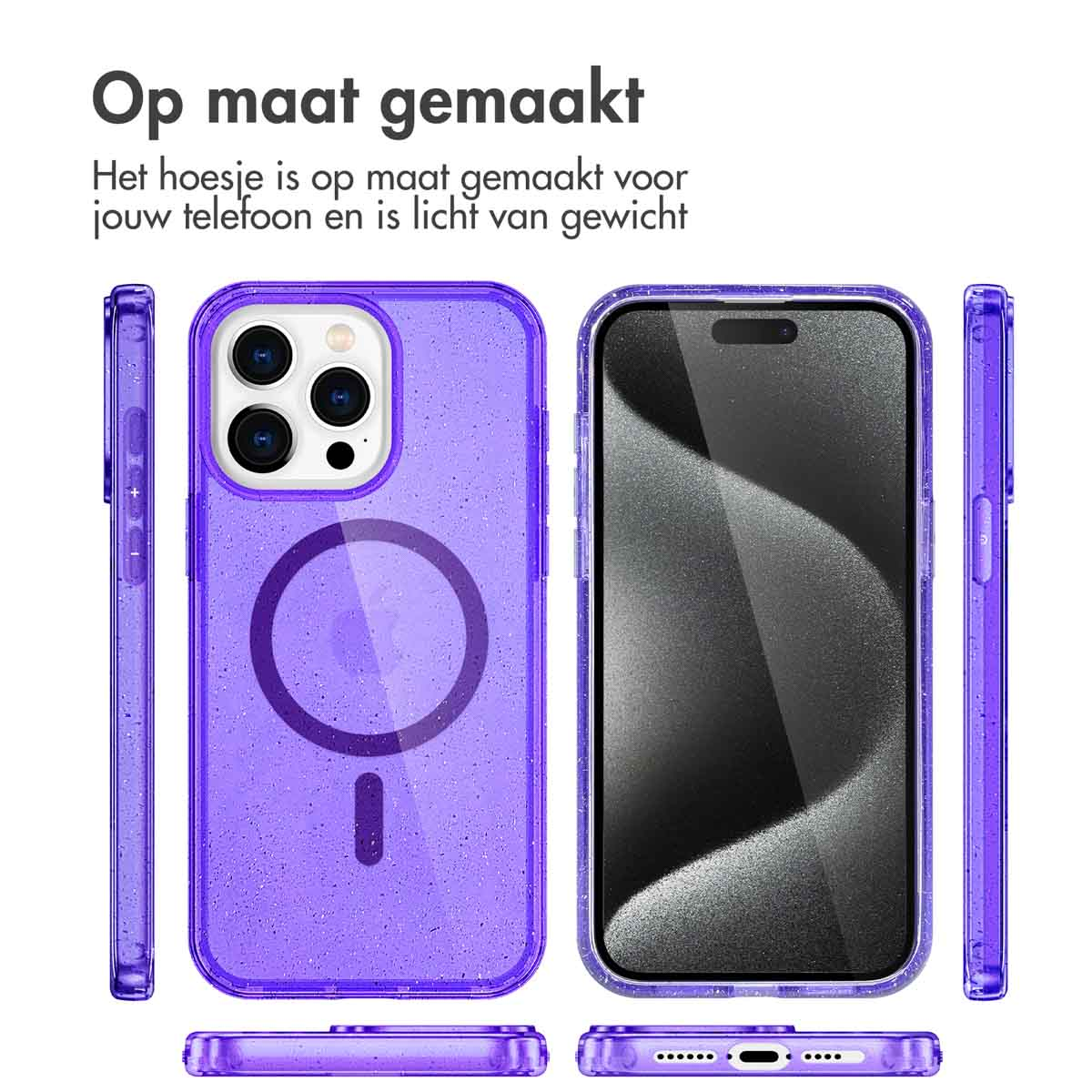 Paarse telefoonhoes met een magnetische cirkel en de omtrek van de telefoon.