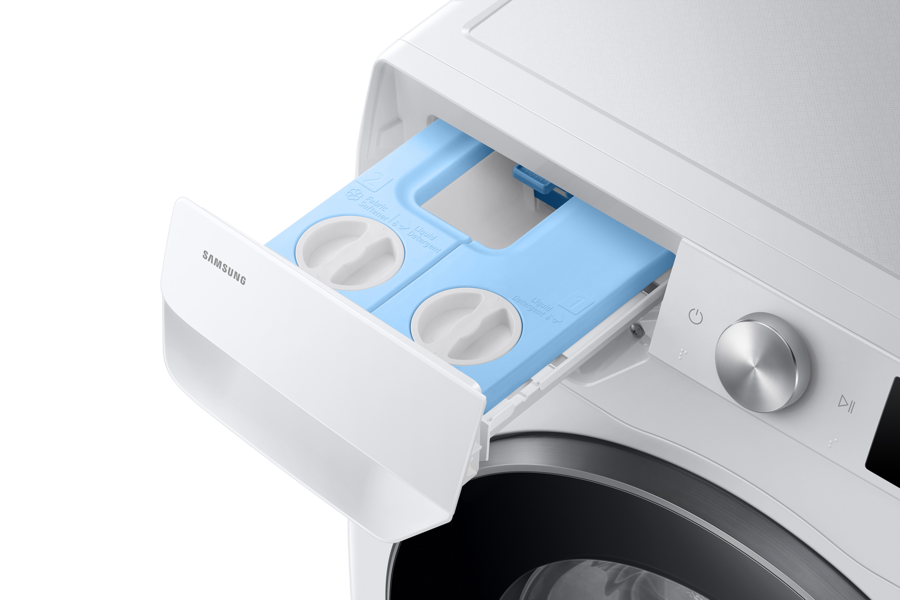 Biała szuflada pralki z niebieskimi przegródkami na detergent i płyn do płukania.