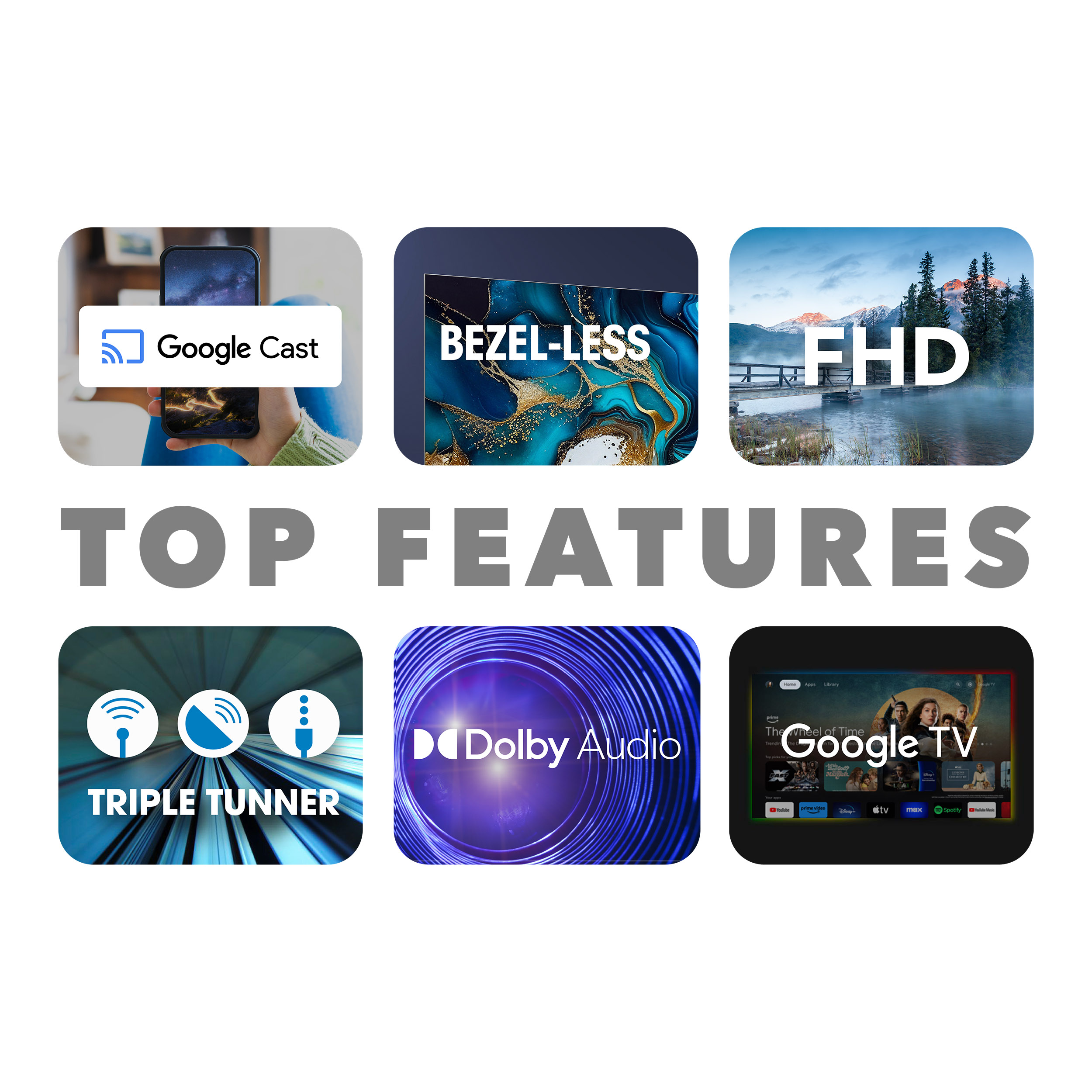 Najważniejsze funkcje telewizora. Obrazy Google Cast, bezramkowe i więcej.