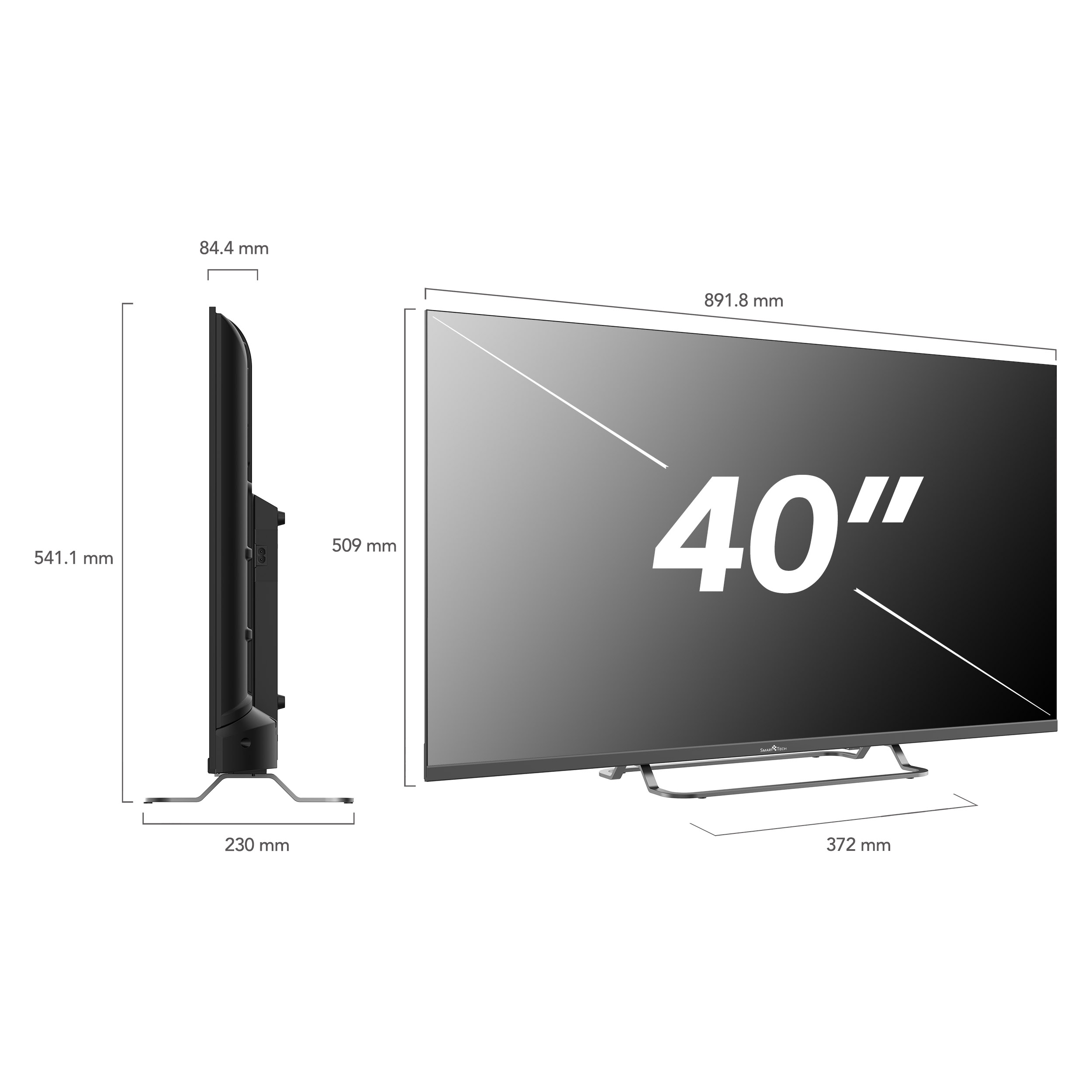 Telewizor 40-calowy z oznaczonymi wymiarami. Telewizor jest czarny ze srebrnymi nóżkami.