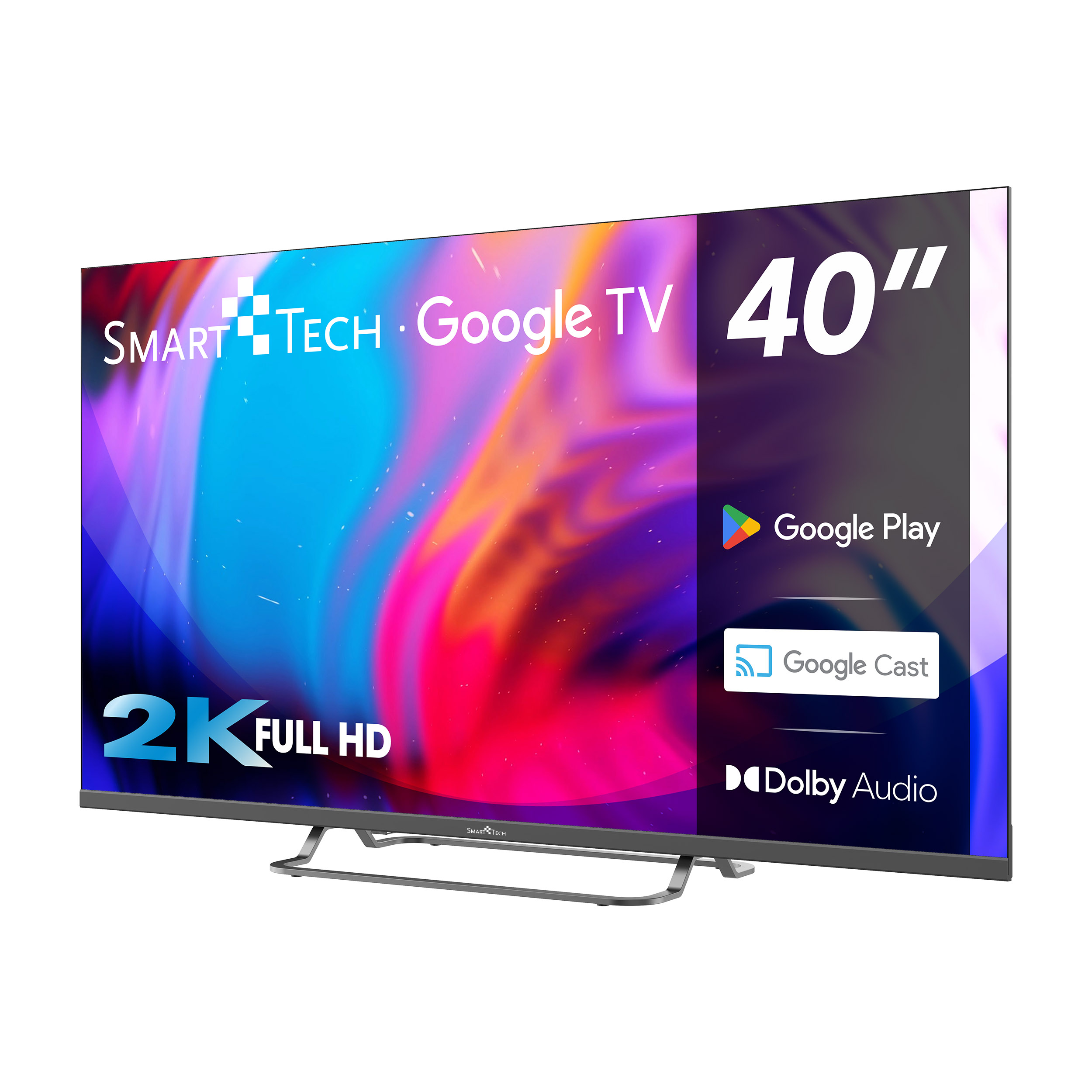 40-calowy Smart TV ze srebrną podstawą, wyświetlający 2K FULL HD, Google Play, Google Cast i Dolby Audio.