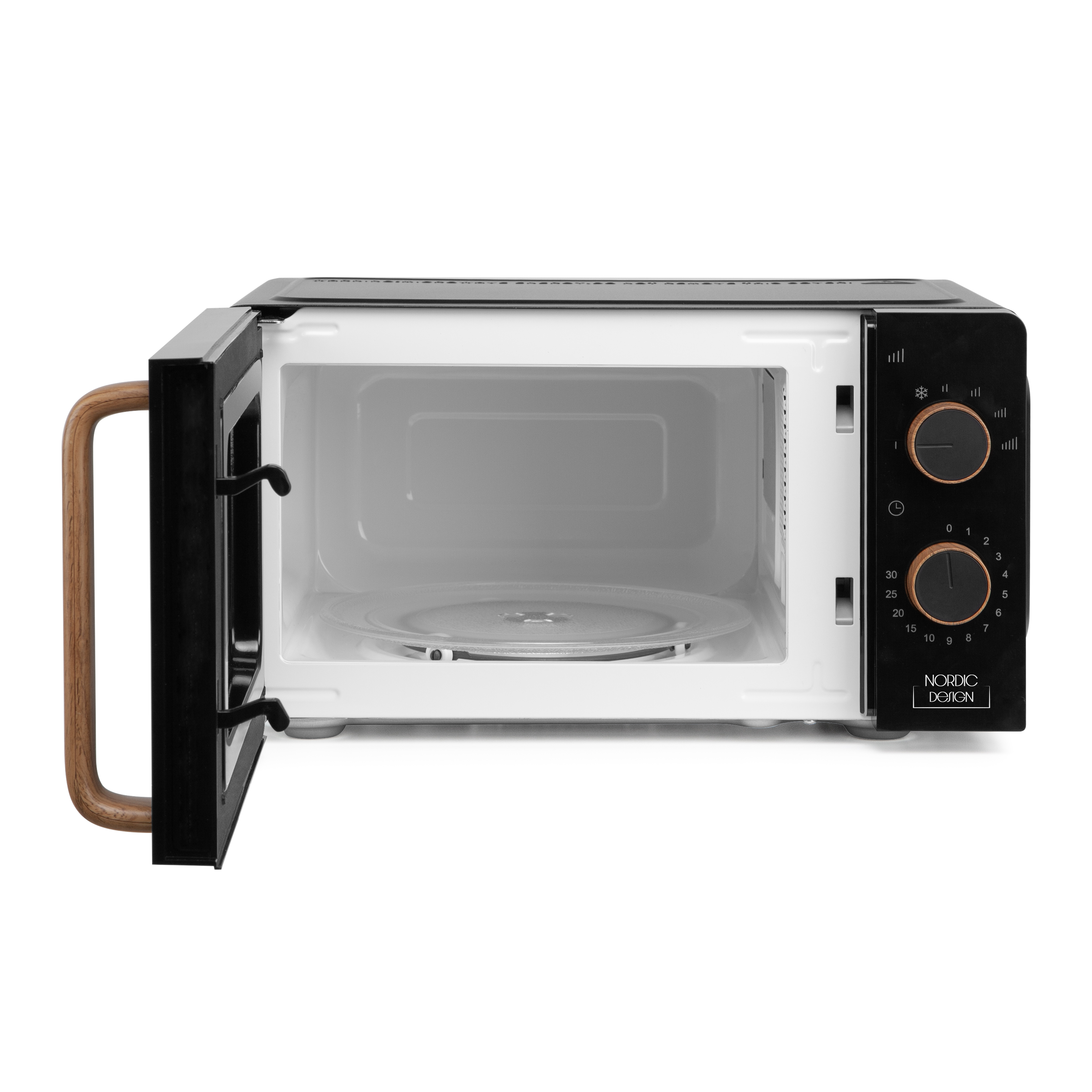Otwarta czarna kuchenka mikrofalowa z drewnianym uchwytem i widocznymi elementami sterowania w środku.