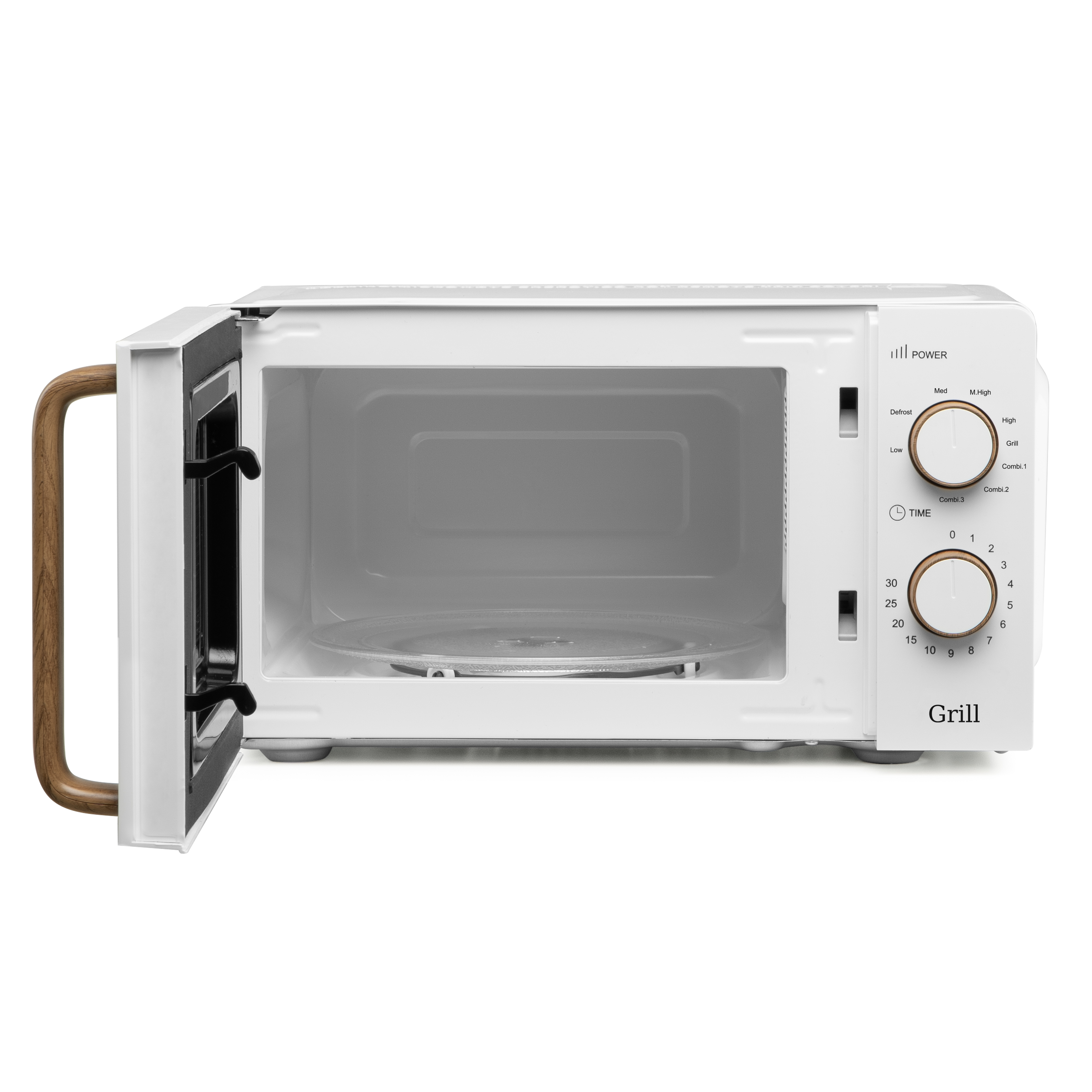 Microondas blanco con mango de madera y panel de control. La puerta está abierta.