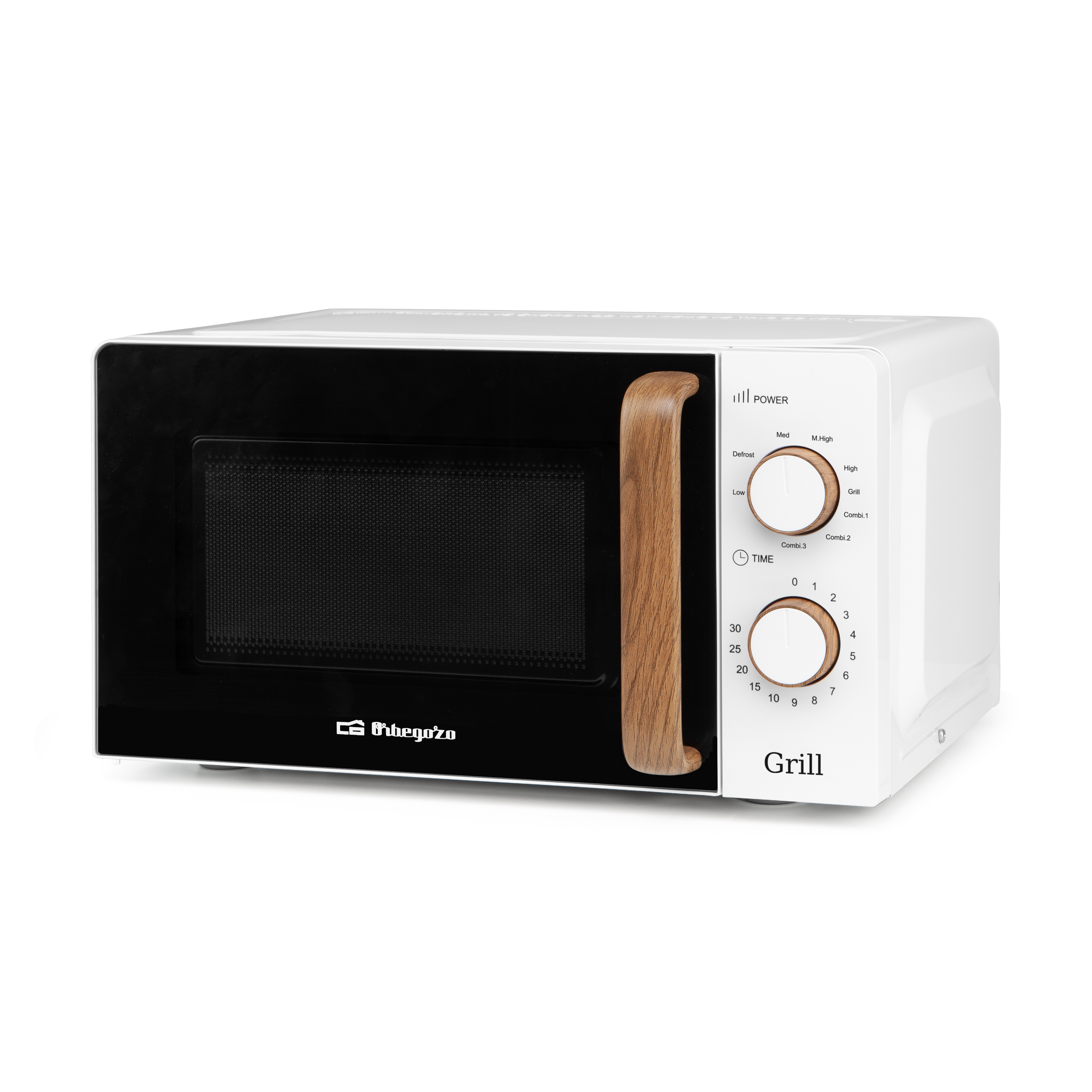 Microondas blanco con mango de madera y puerta negra, controles a la derecha.