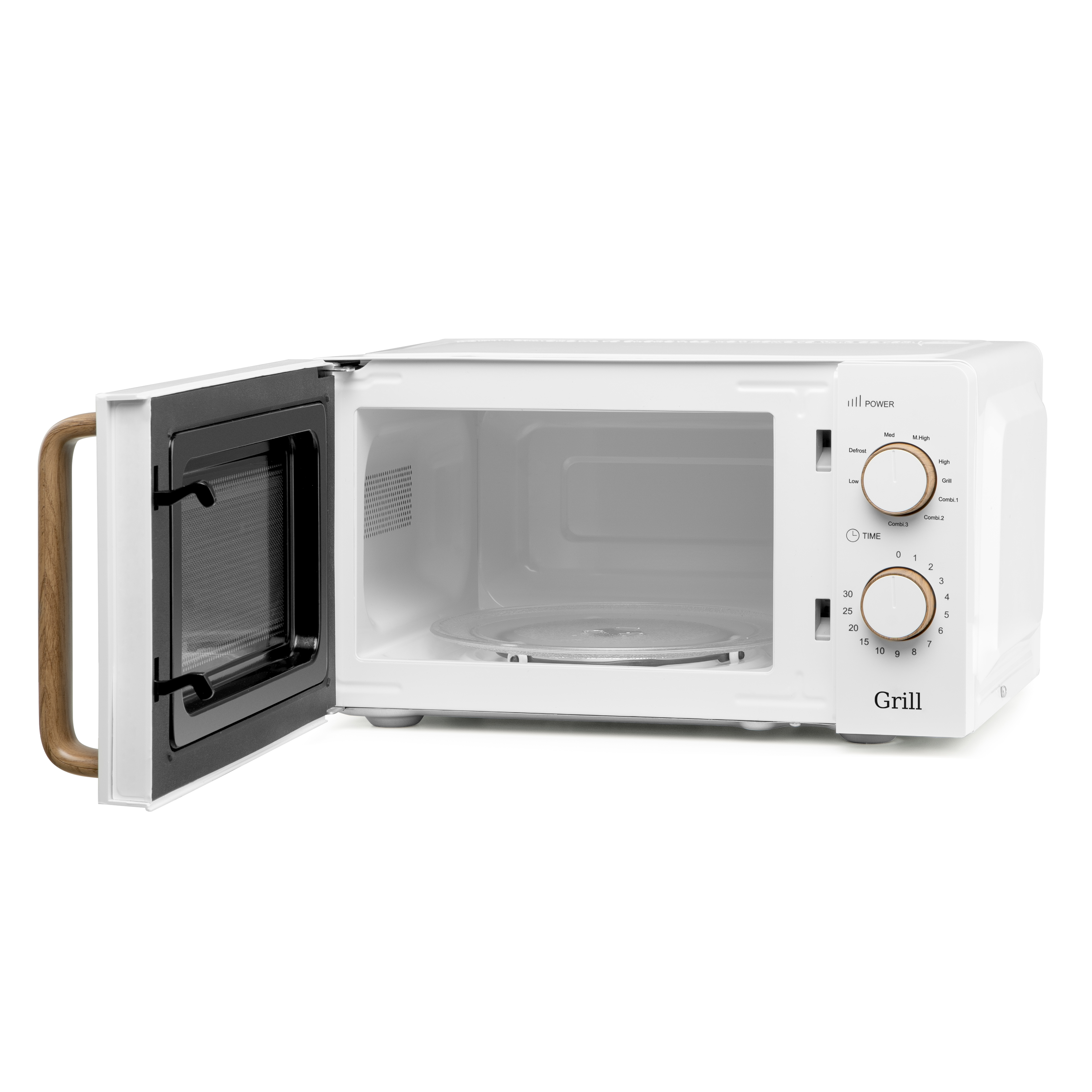 Horno microondas blanco, puerta abierta. Muestra el interior con plato de vidrio y mango de madera.