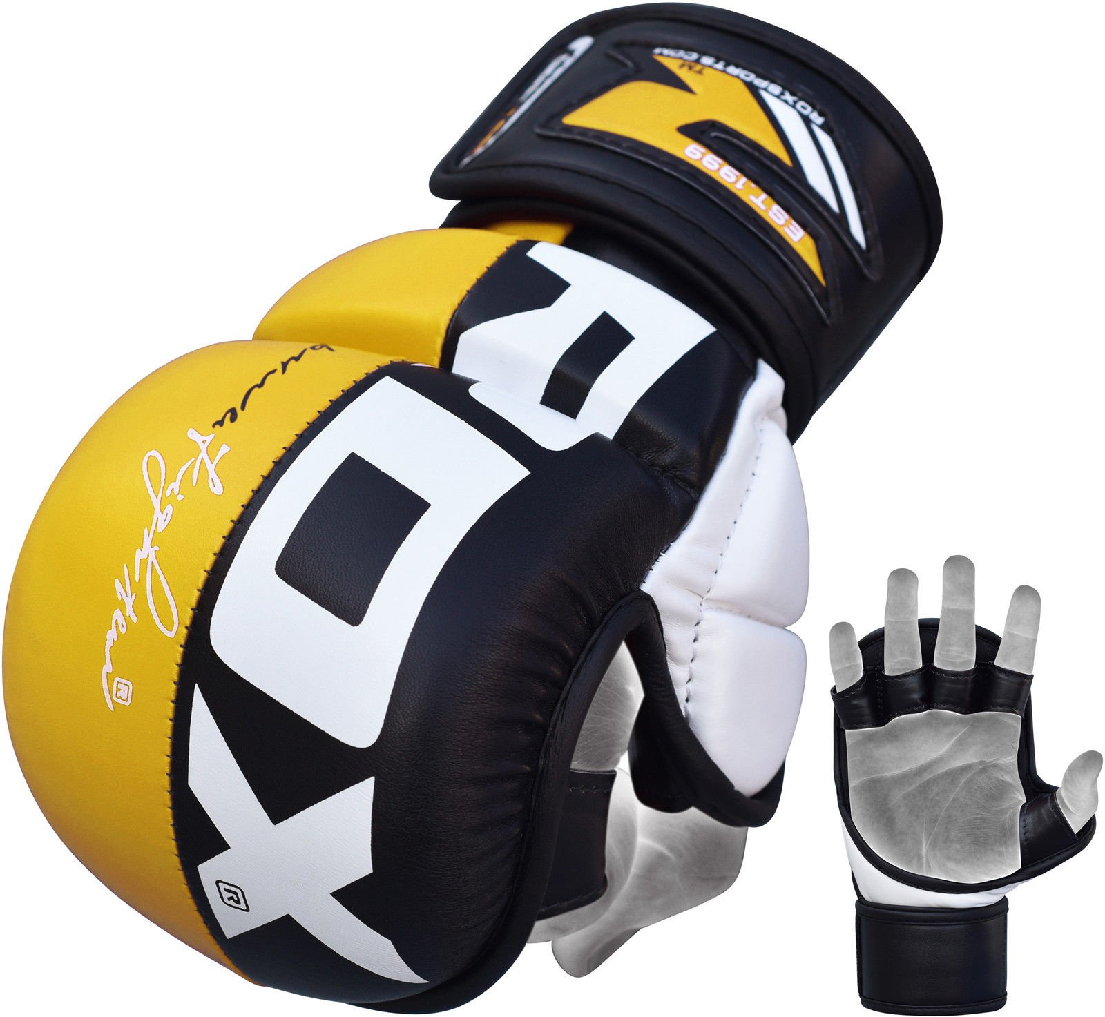 Gant de boxe, jaune et noir, avec un logo blanc. Un autre gant en arrière-plan.