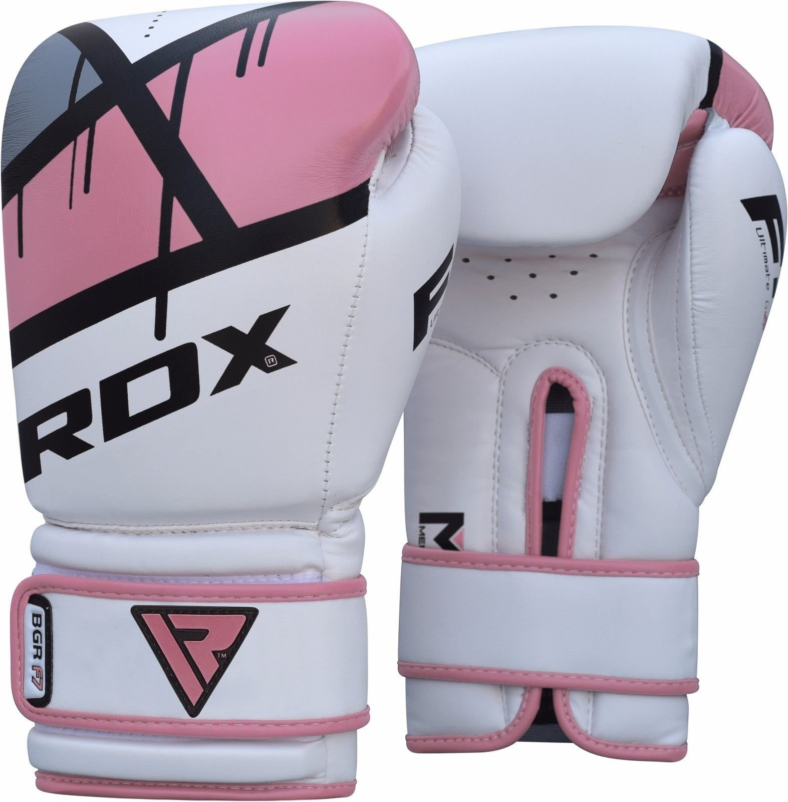 Pair of white and pink boxing gloves. RDX logo is visible.