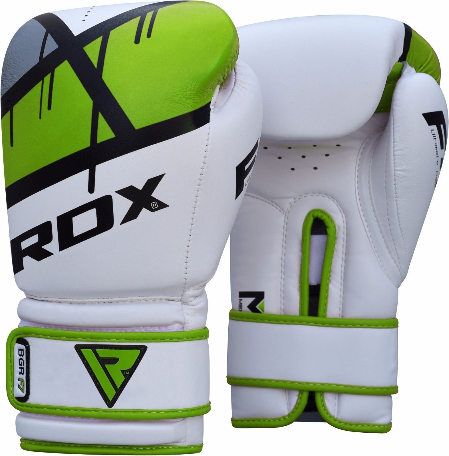 Boxing gloves. White, green, and black design. Brand name 'RDX' visible.
