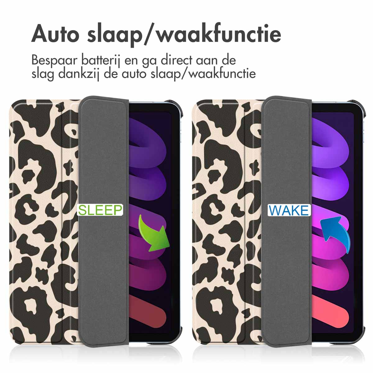 Two iPad cases, one open to sleep mode, the other open to wake mode, with leopard print.