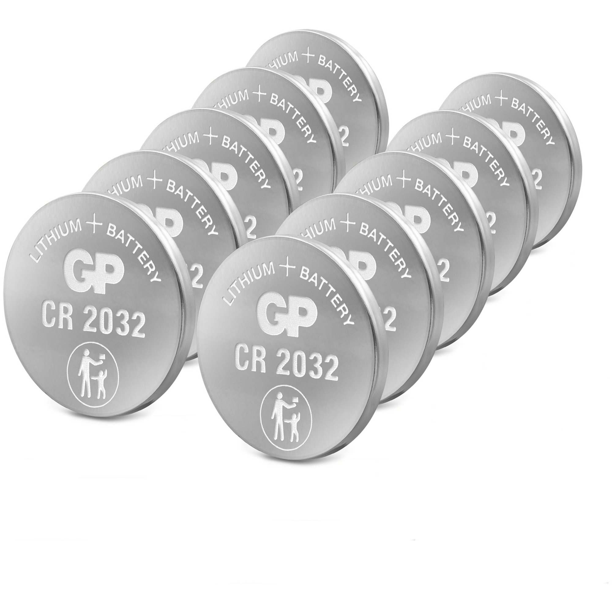 Zehn silberne CR2032 Lithium-Batterien in einem Halbkreis, auf weißem Hintergrund.