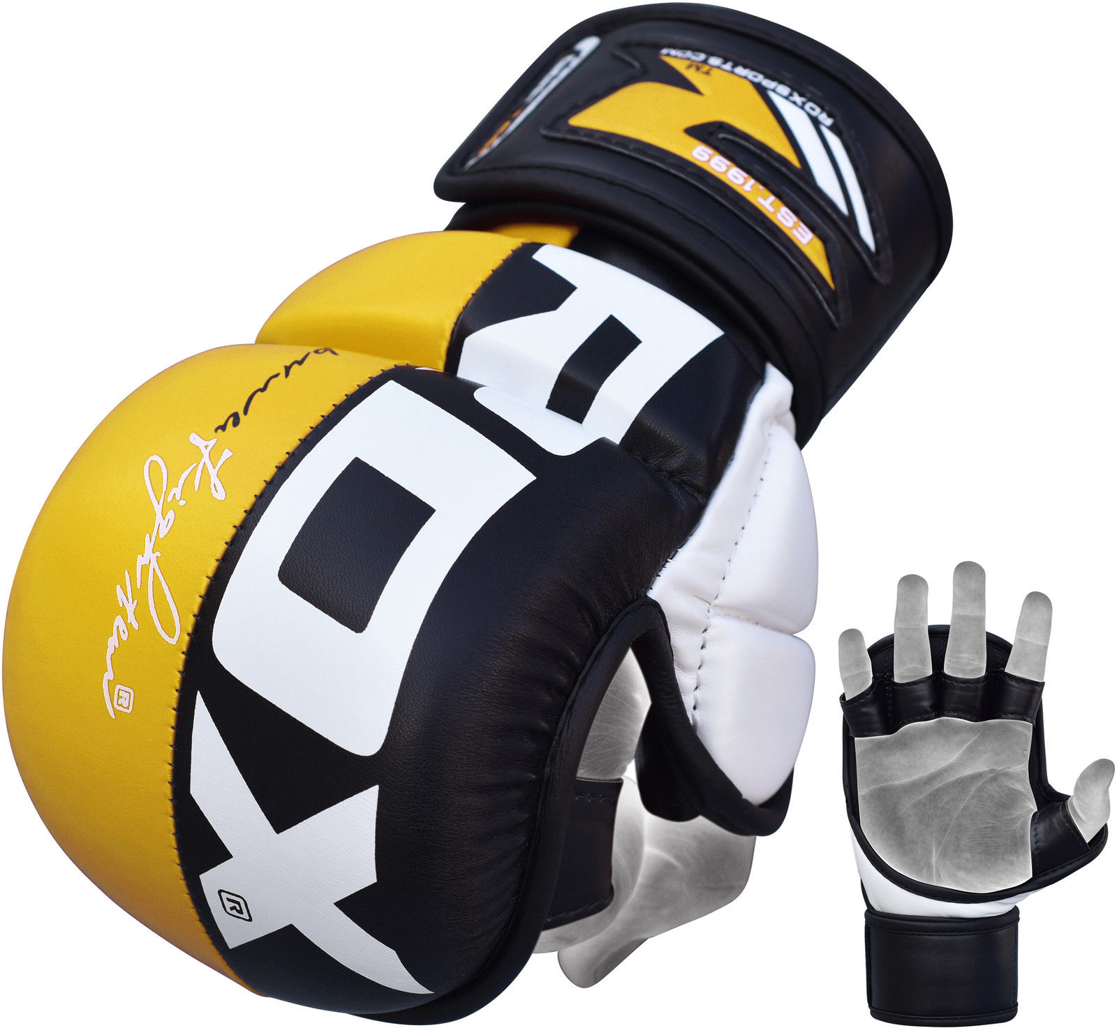 Boxing gloves, yellow and black, with white logos and branding. One glove is open.