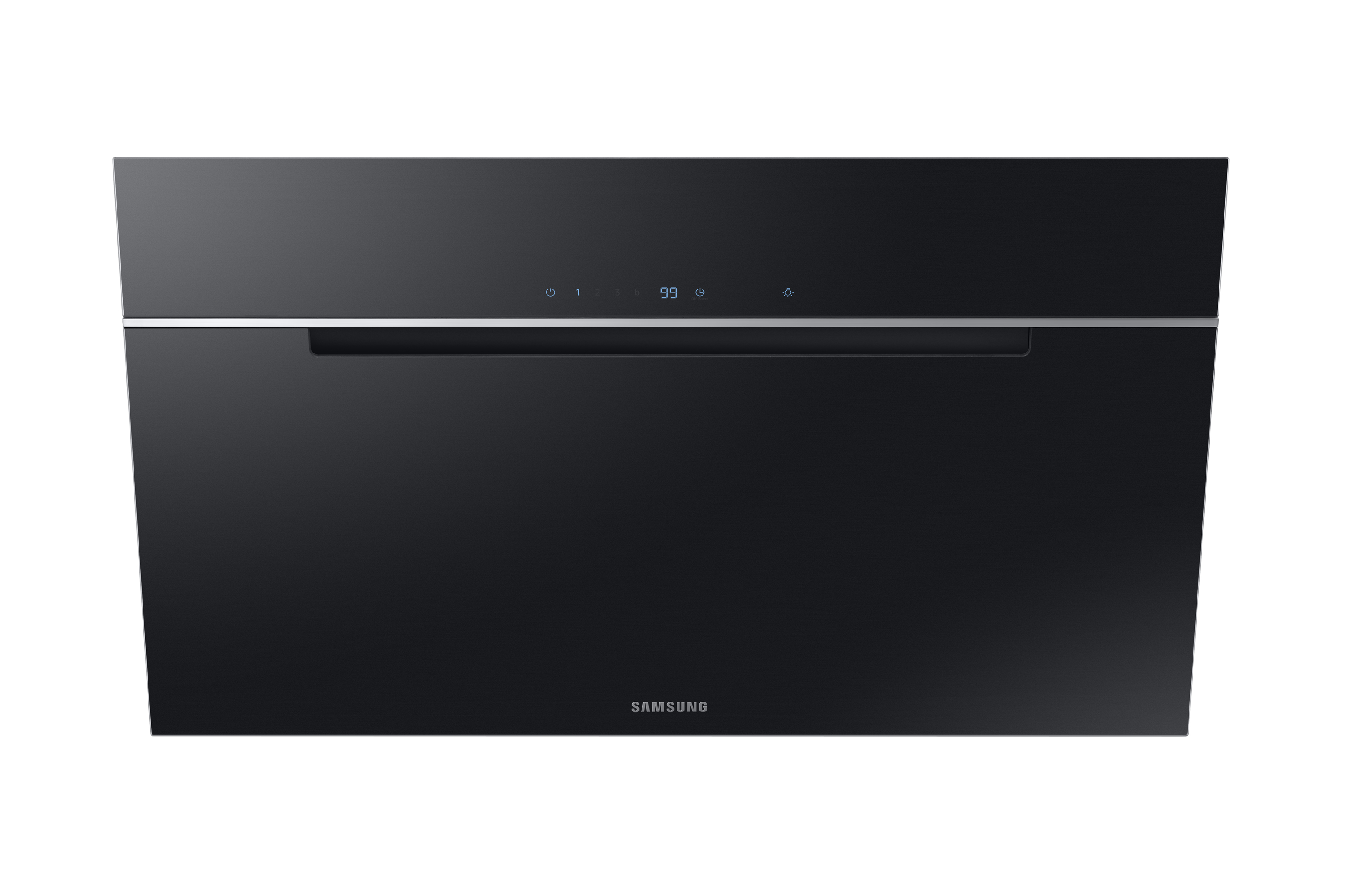 Dijital ekranlı ve beyaz arka planlı siyah bir Samsung davlumbazı.