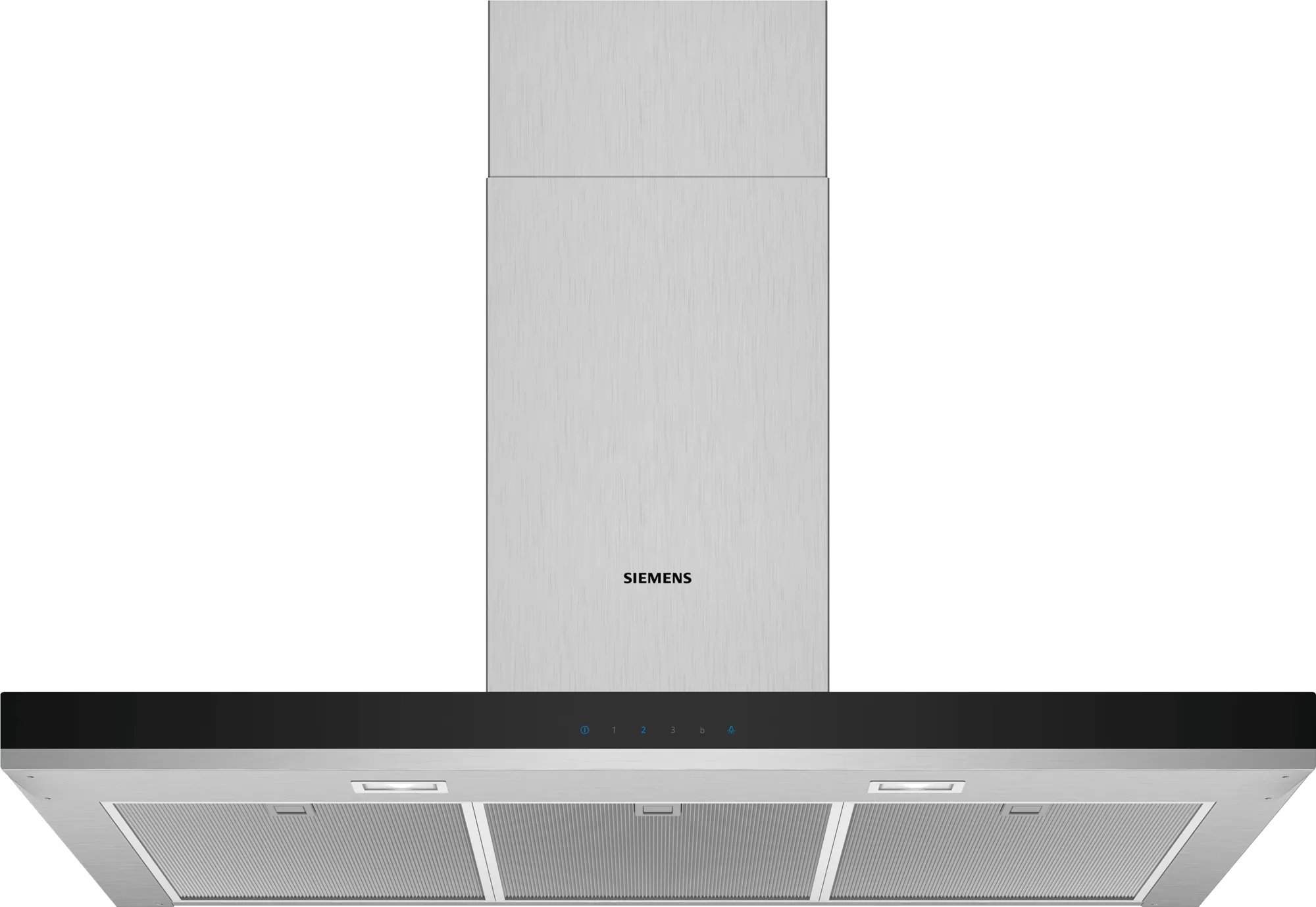Cappa in acciaio inox con fondo nero e pannello comandi. Logo Siemens visibile.