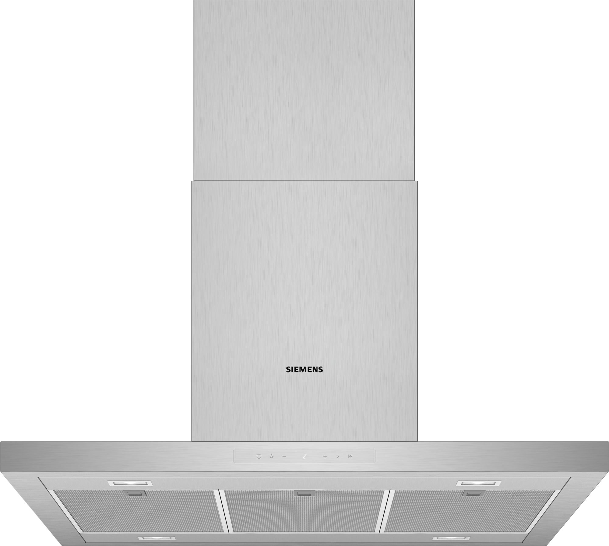 Cappa in acciaio inossidabile. Forma rettangolare con parte superiore piatta, tre griglie e logo Siemens.