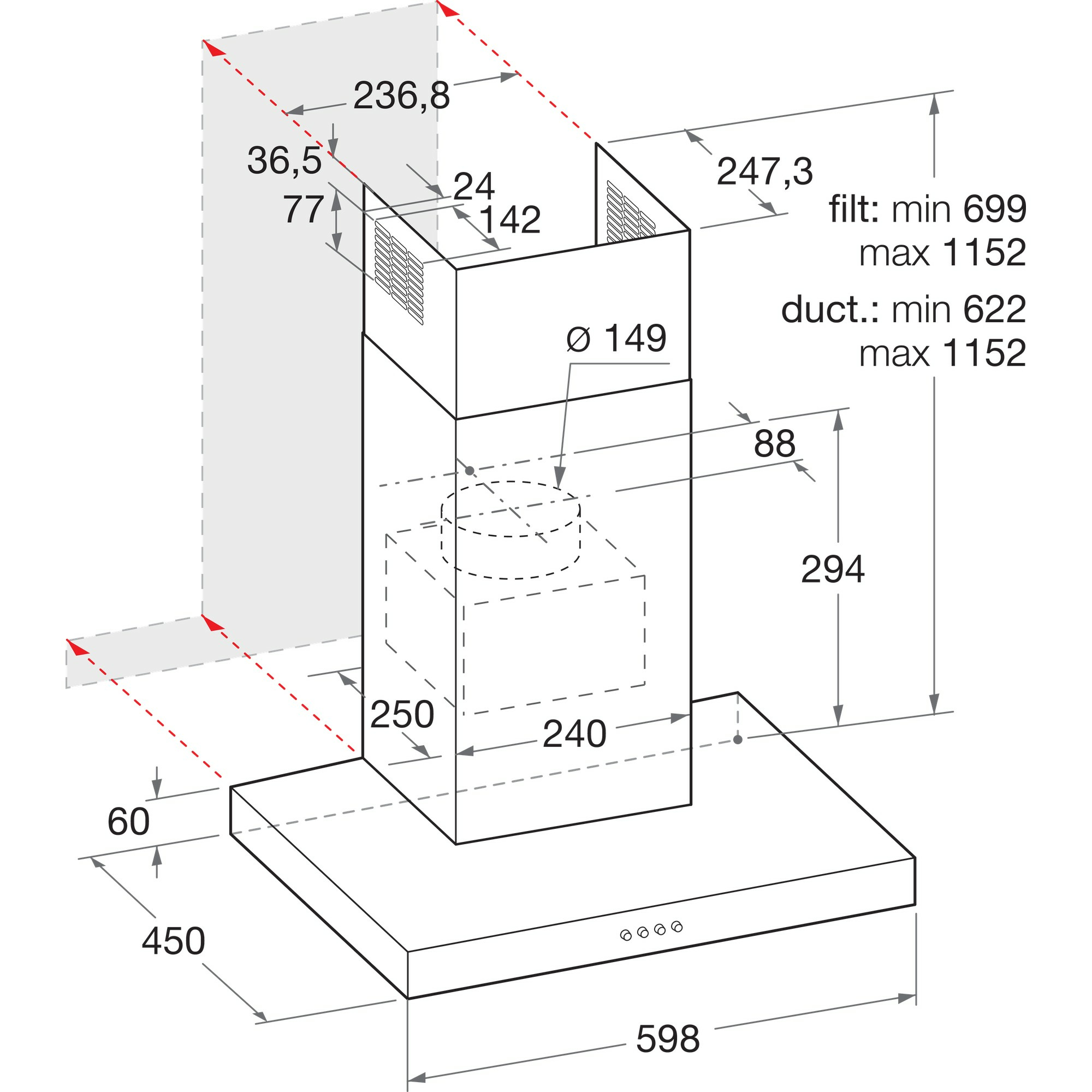 Disegno tecnico di una cappa con dimensioni ed etichette. Mostra una vista dall'alto e una vista laterale.