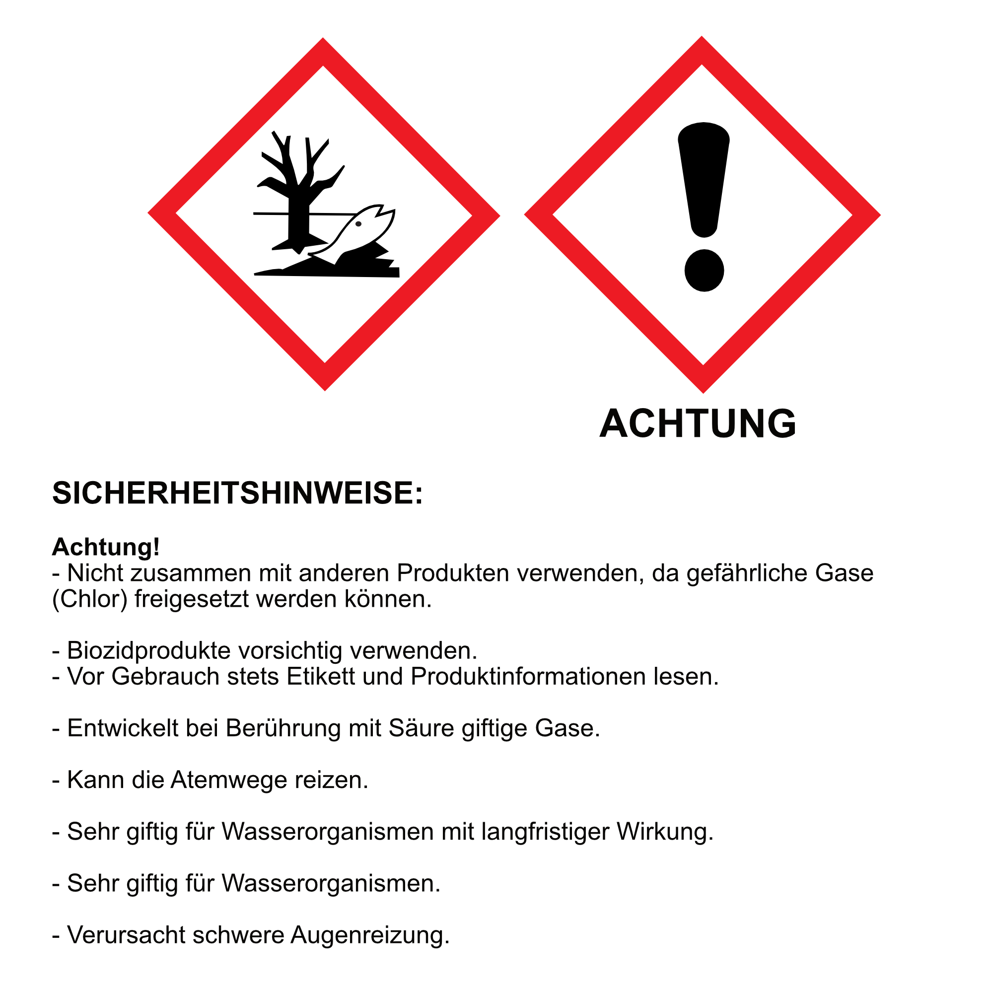Warnschilder mit deutschem Text. Eines zeigt toten Fisch, Baum, das andere ein Ausrufezeichen.