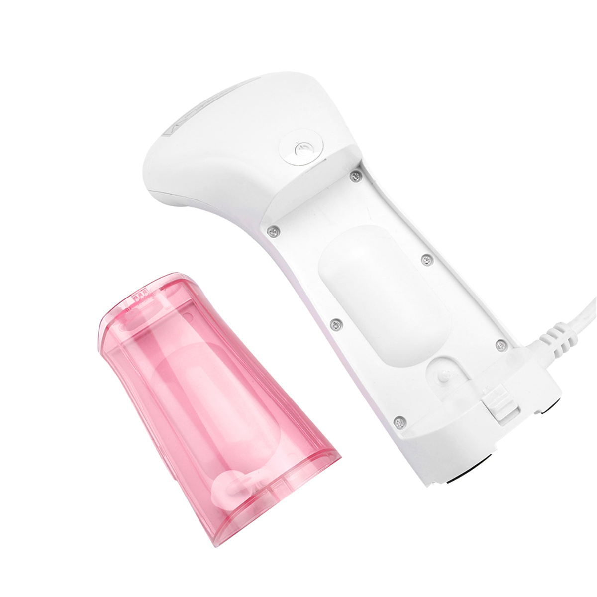 Weißer und rosa Haardampfer. Ein rosa Wassertank ist abgetrennt. Weißer Hintergrund.