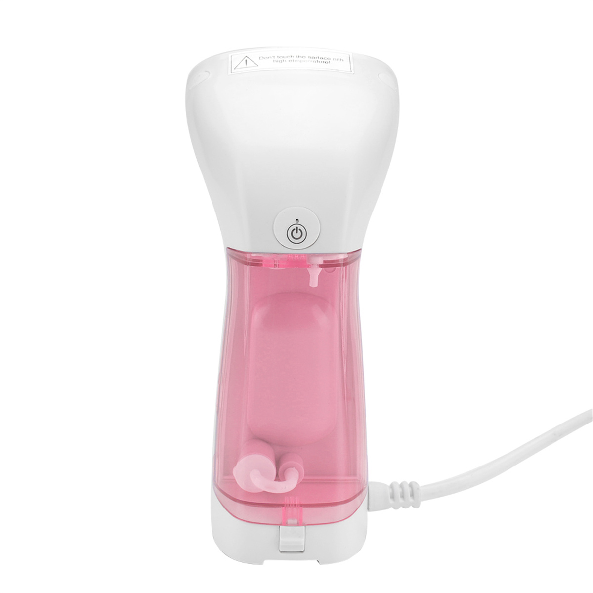 Ein weißes und rosa Handdampfgerät mit weißem Kabel. Ein Warnhinweis ist sichtbar.