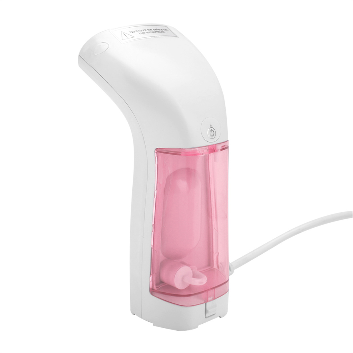 Ein weißer und rosa tragbarer Stoffdampfer mit Wassertank und Ein-/Aus-Taste.