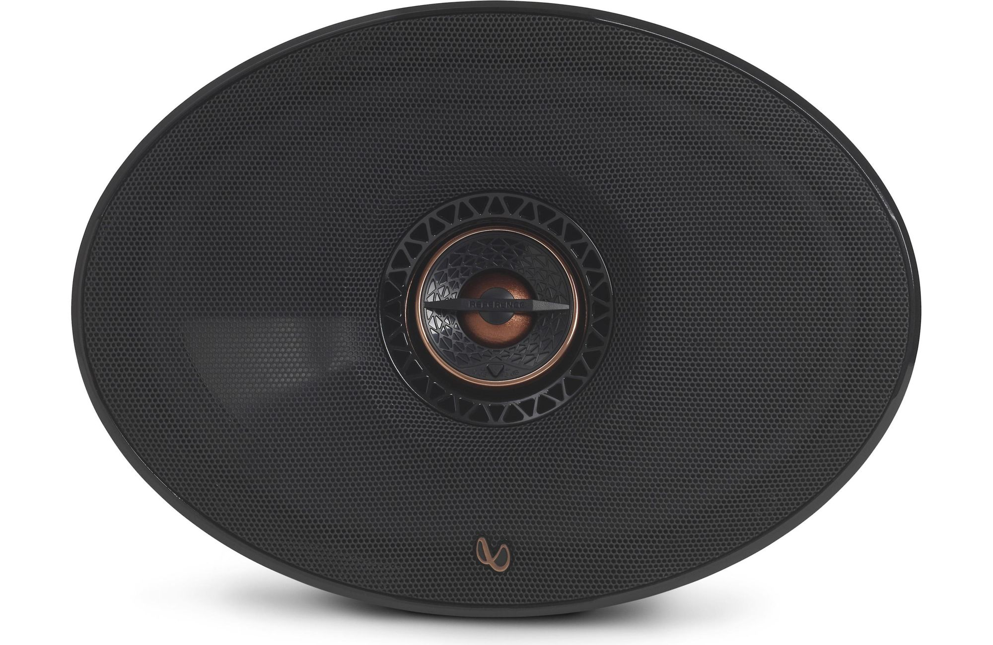 Ein schwarzer, ovaler Lautsprecher mit einem Mesh-Gitter und einem zentralen Lautsprecherelement.