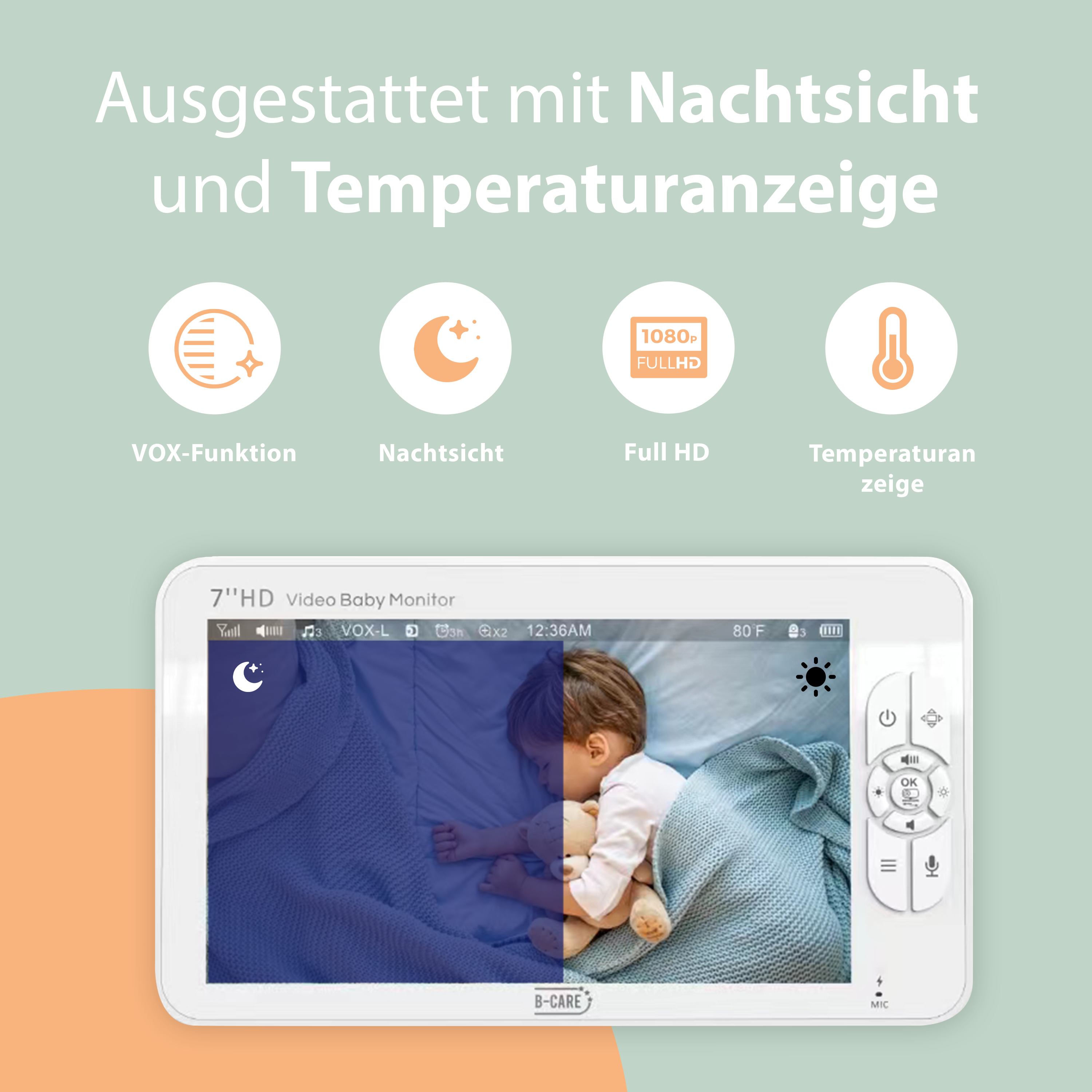Ein Babyphone, das ein schlafendes Kind zeigt. Es hat Knöpfe und Symbole für Einstellungen.