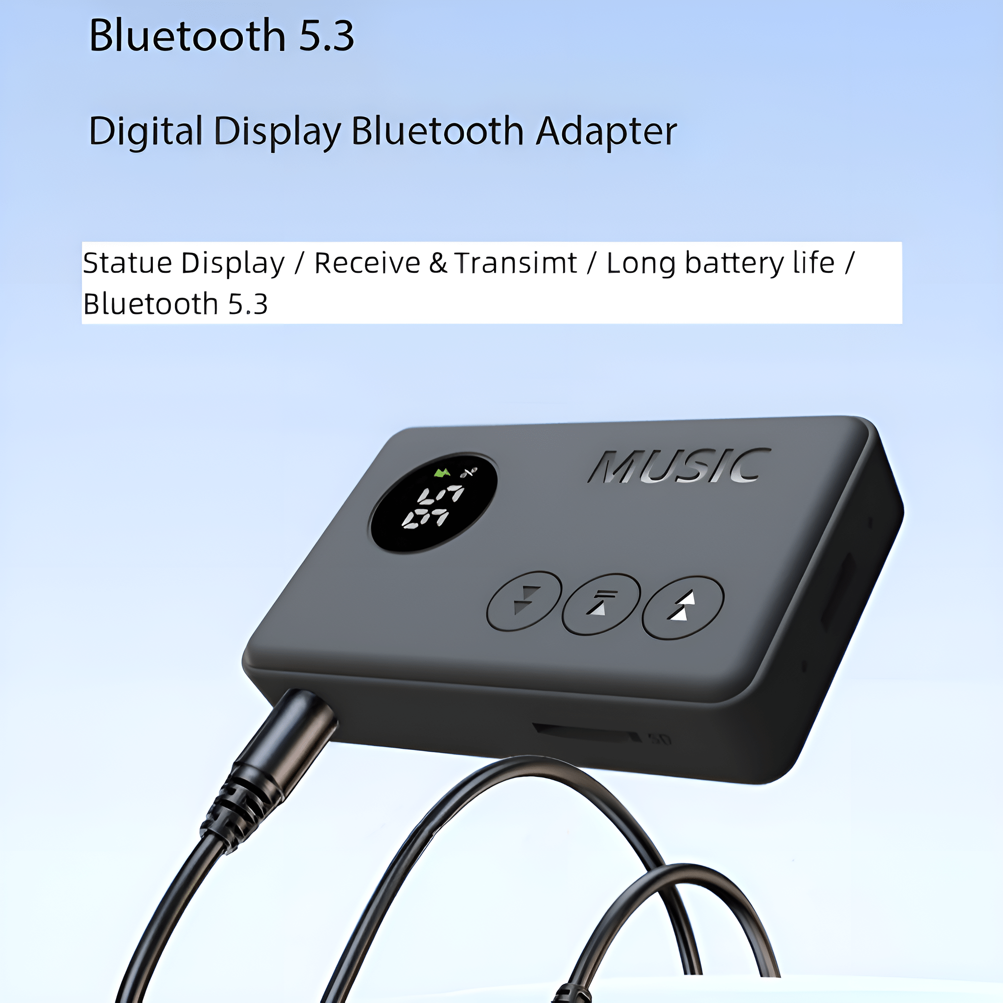Schwarzer Bluetooth-Adapter. Es hat ein Display und Tasten. Ein schwarzes Kabel ist befestigt.