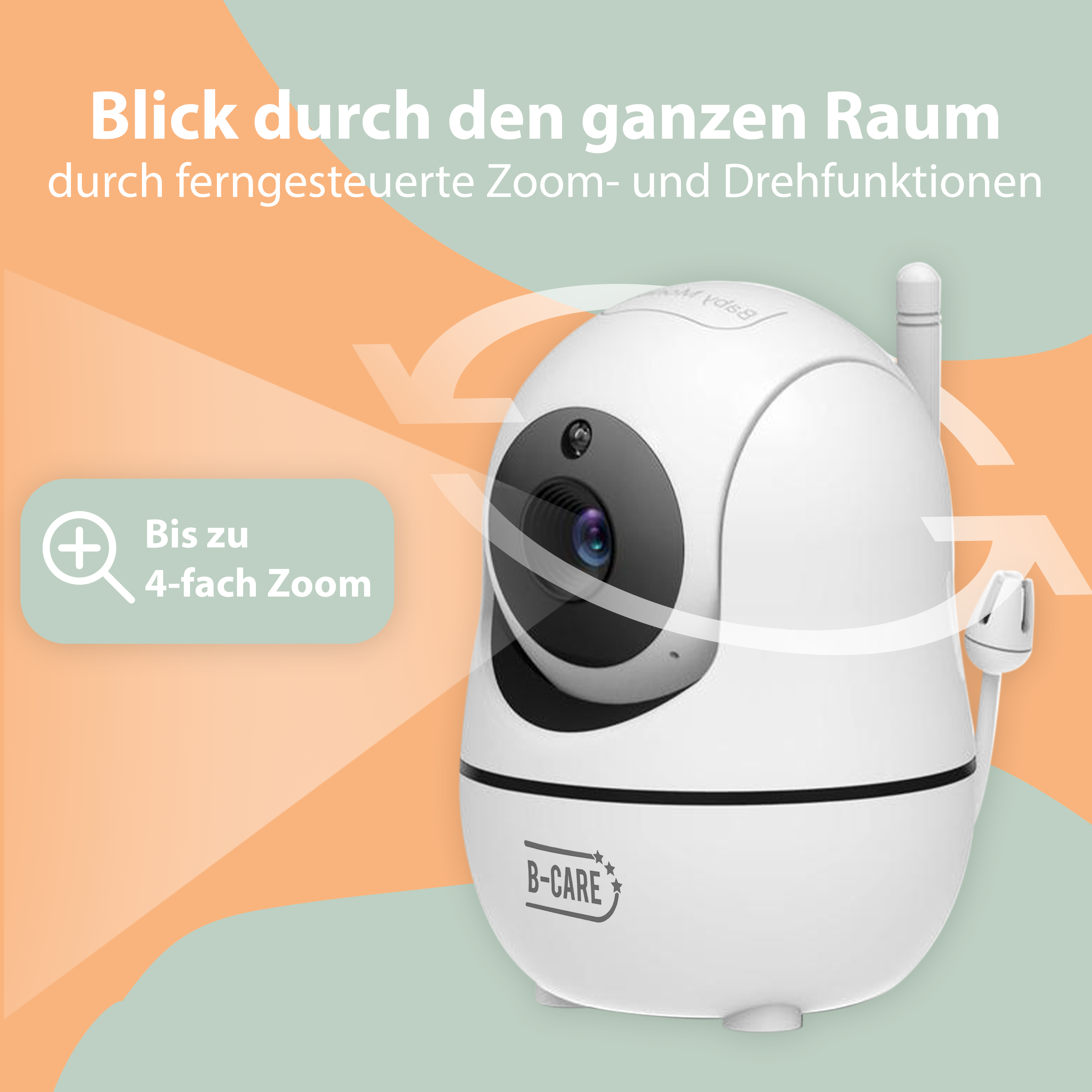 Eine weiße Überwachungskamera mit drehbarem Design und Zoomfunktion. Enthält Text.
