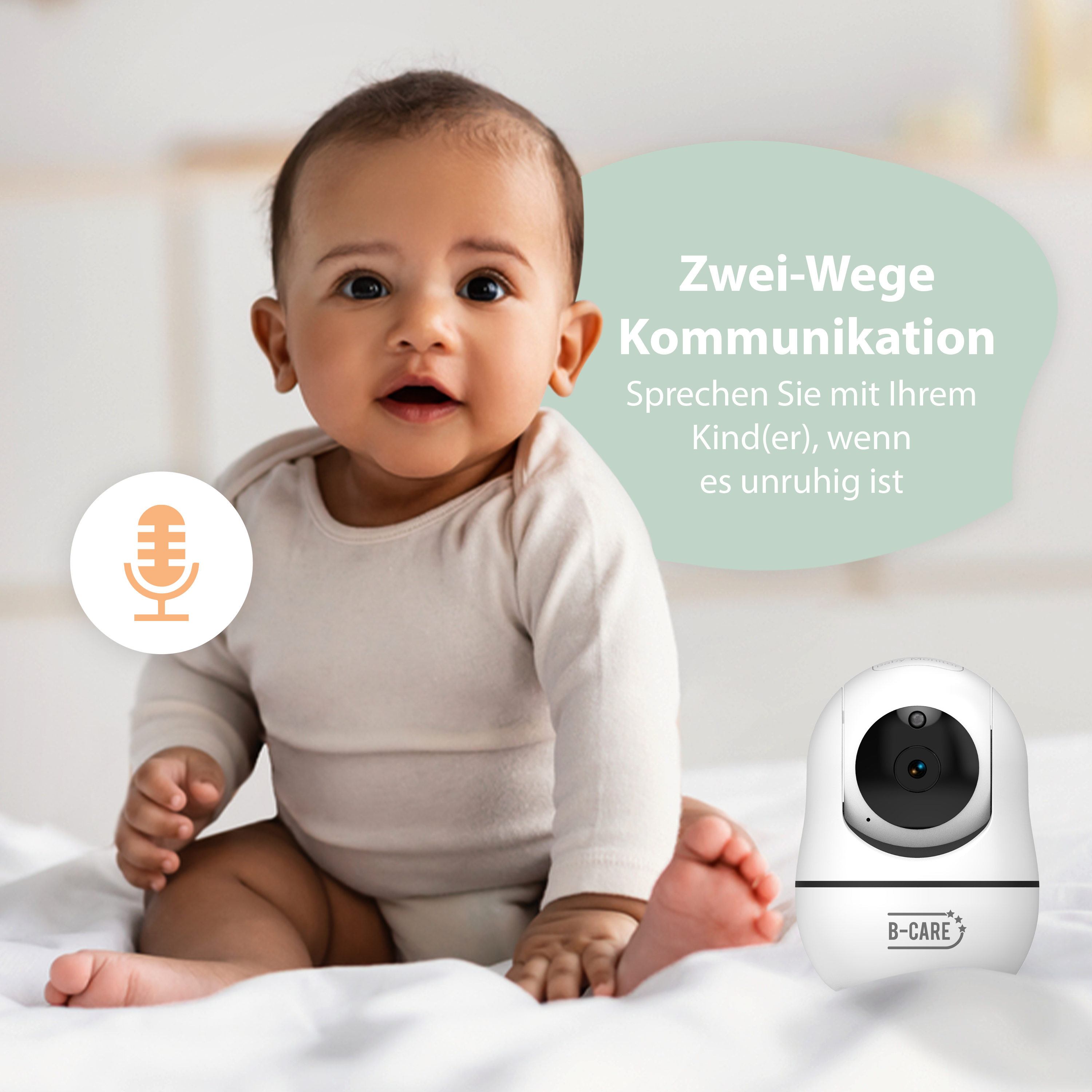 Baby und Babyphone, mit deutschem Text über Zwei-Wege-Kommunikation.