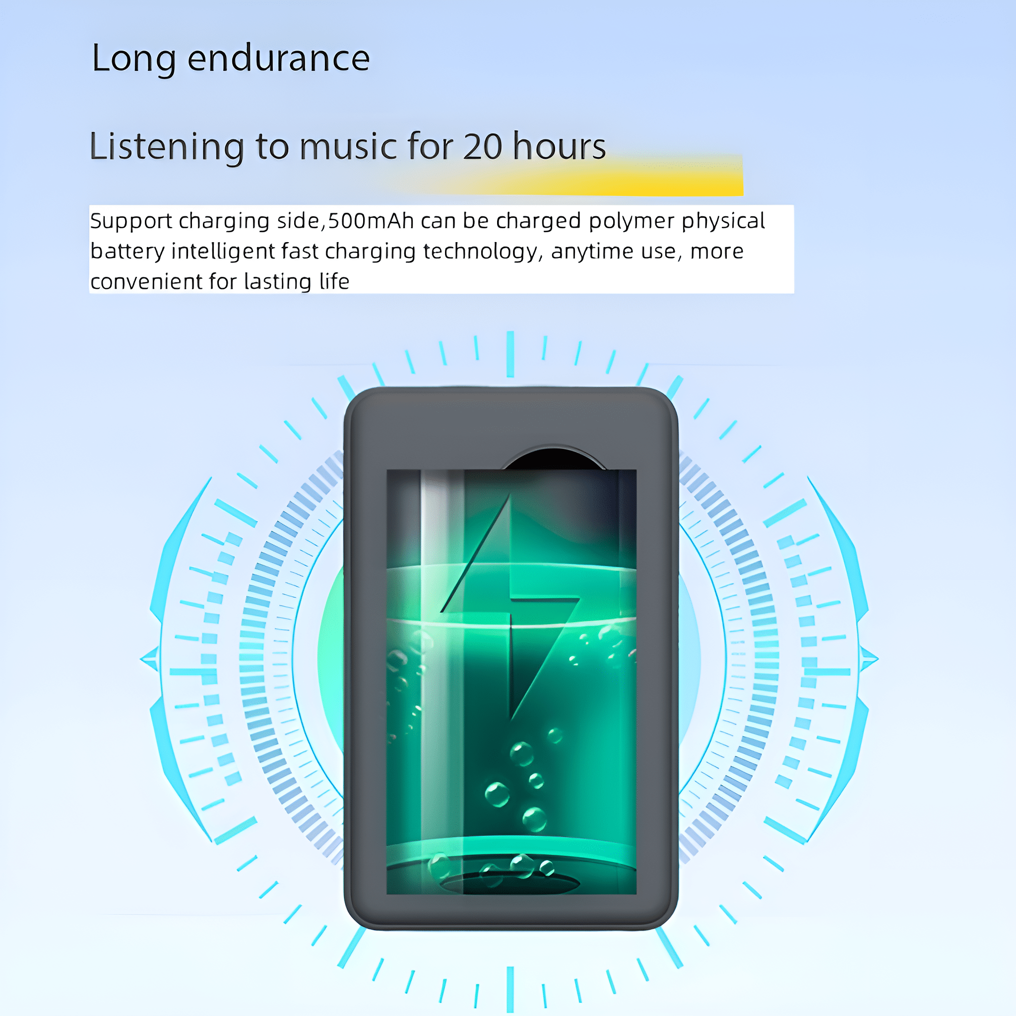 Graues Gerät mit Bildschirm. Text auf dem Bildschirm: grüne Batterie und Energiesymbol. Blasen und blauer Kreis darum.