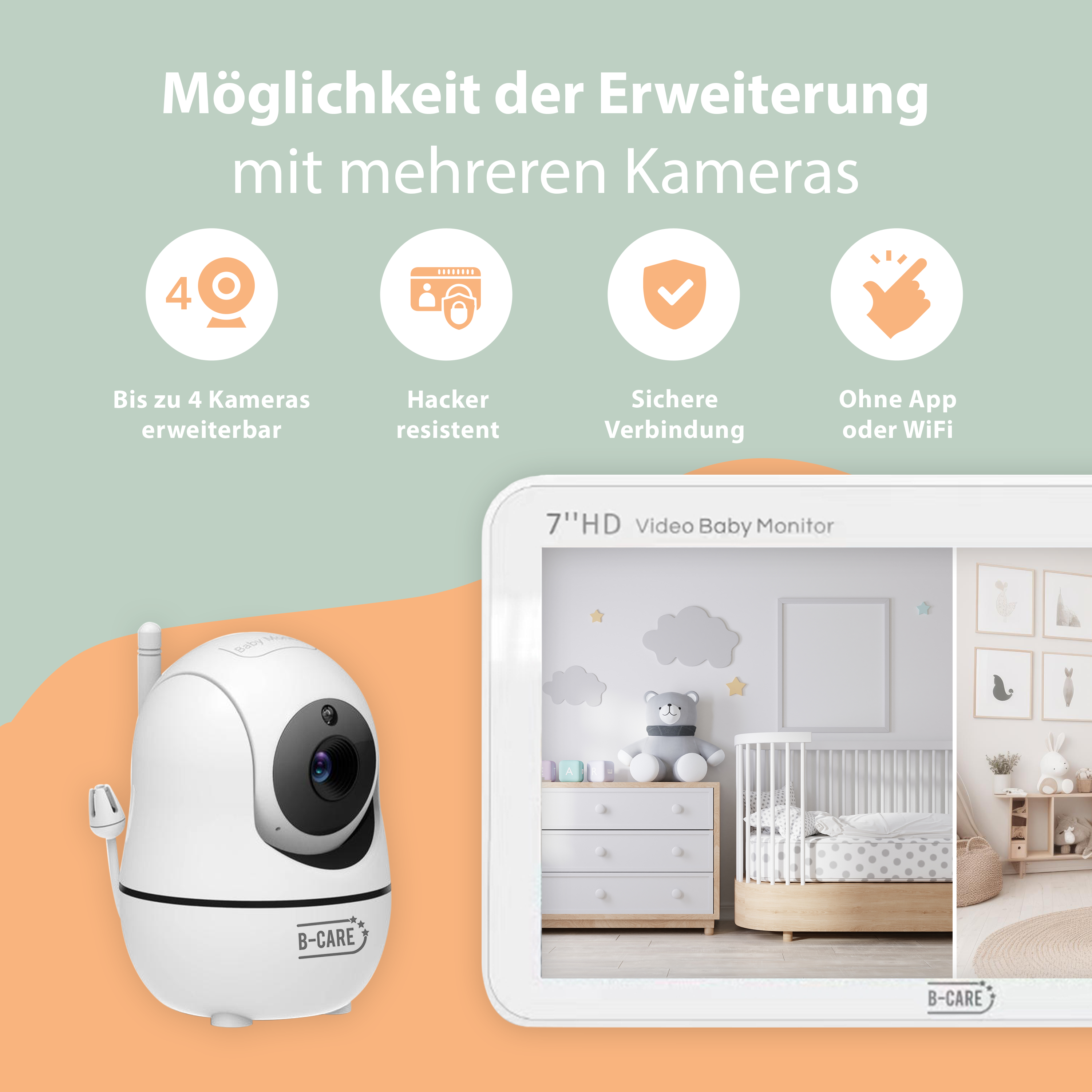 Weißer Babyphone und ein Display mit einer Kinderzimmer-Szene, mit Symbolen und Text über Funktionen.