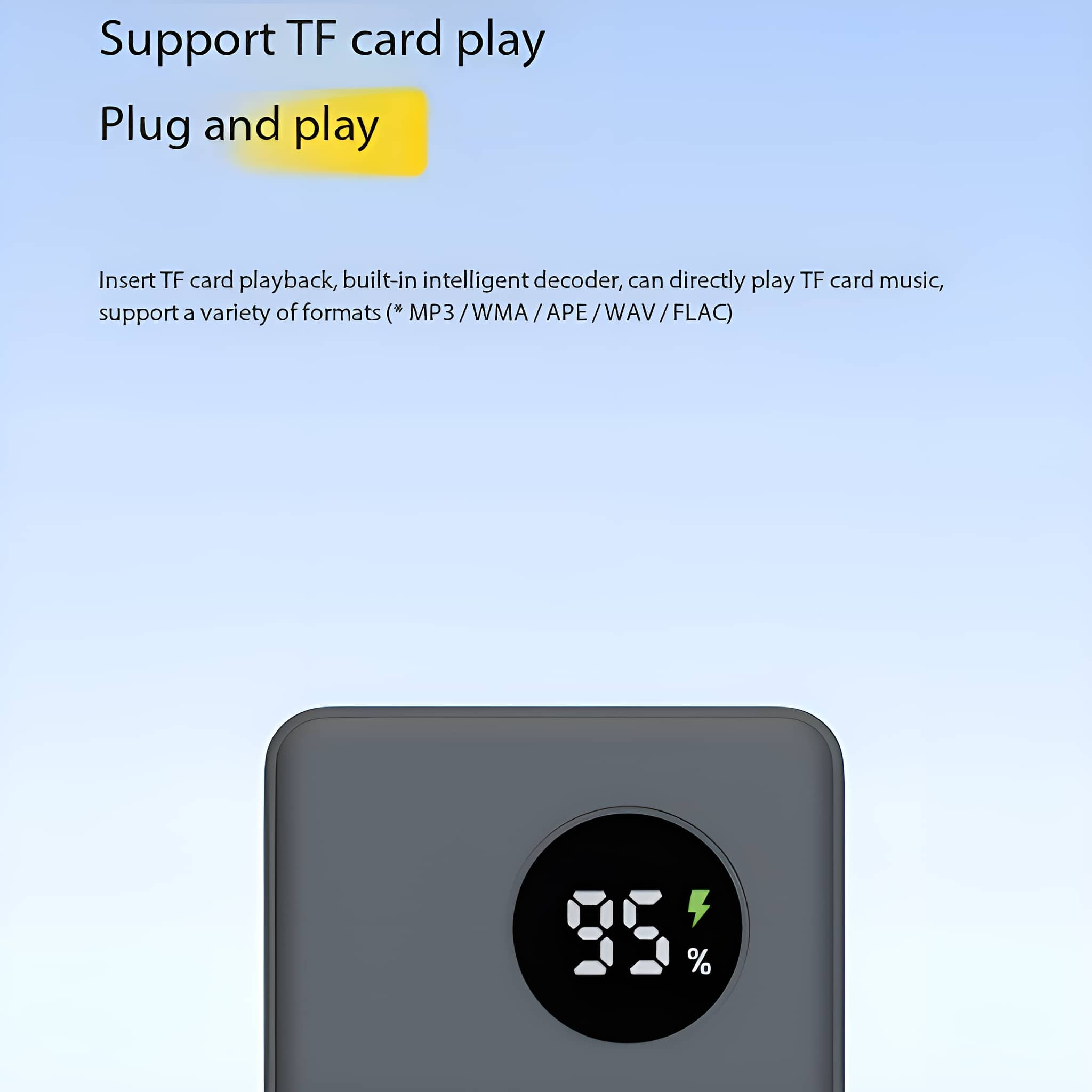 Graues Gerät mit Bildschirm, der 95% zeigt. Text: 'Plug and play'. Das Gerät hat eine Ladeanzeige.