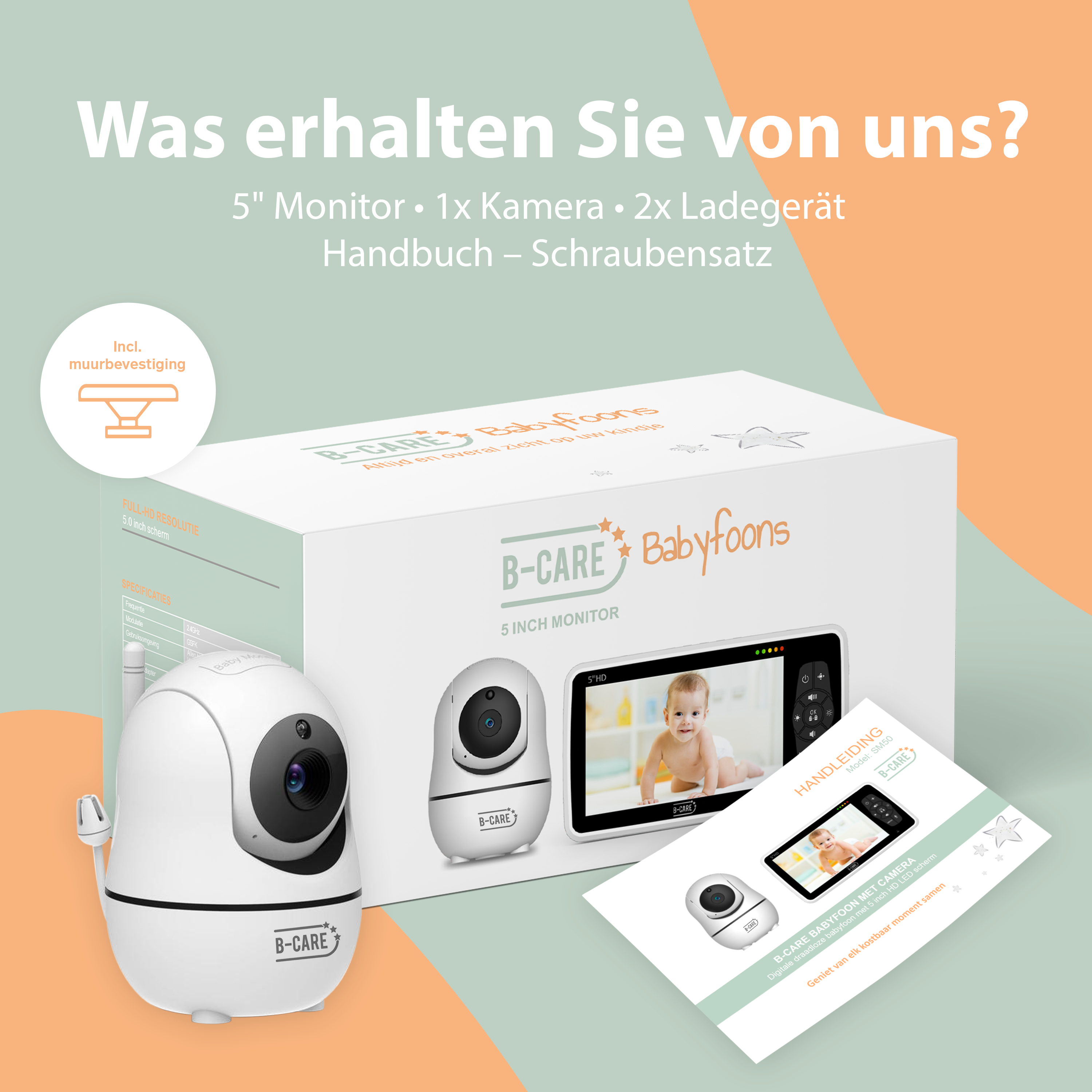 Ein Babyfon-Set mit Baby und Bildschirm. Weiße Kamera, Bildschirm und Box sind sichtbar.