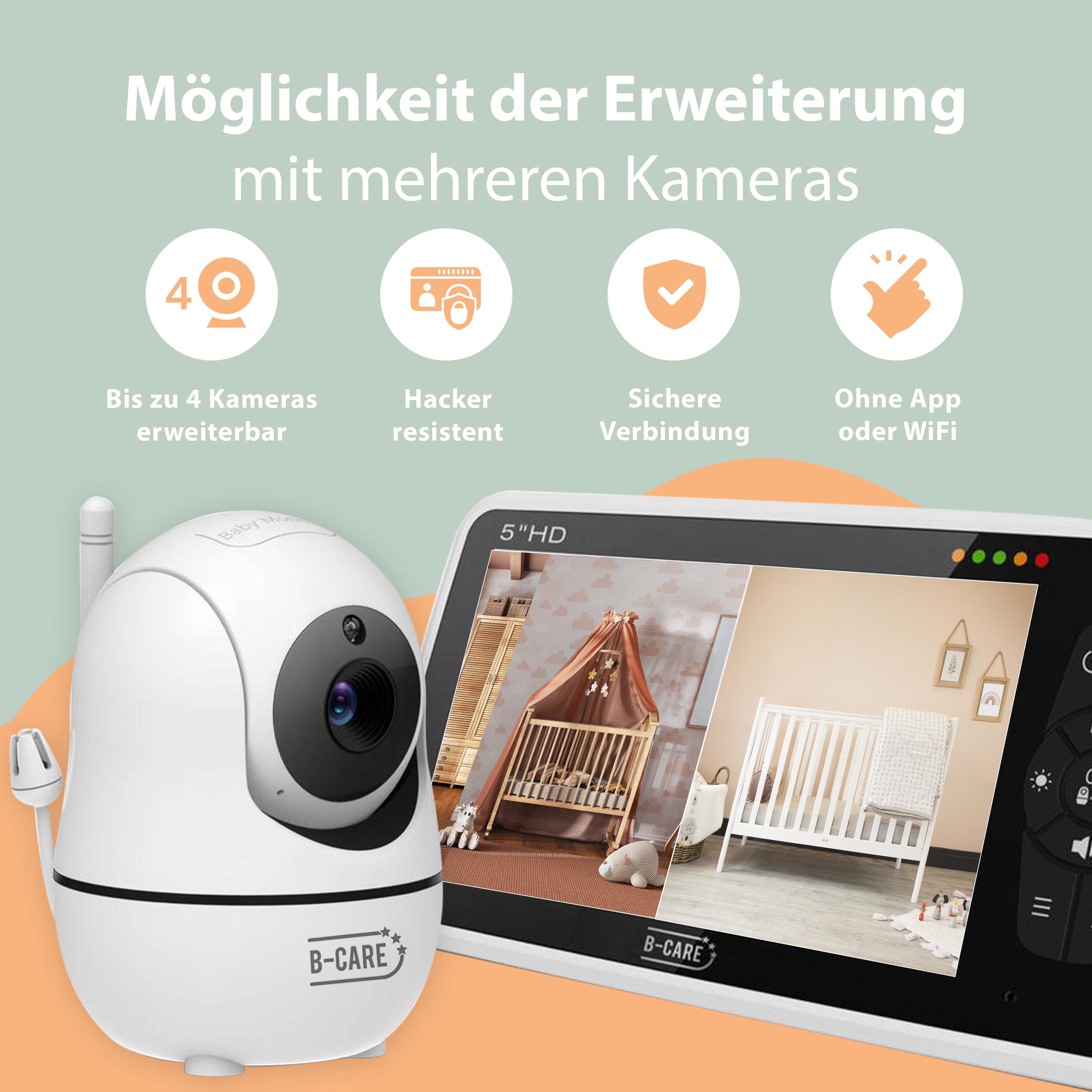 Ein Babyphone, das ein Baby in einem Kinderbett zeigt. Es gibt Symbole, die Funktionen anzeigen, und einen weißen Monitor.