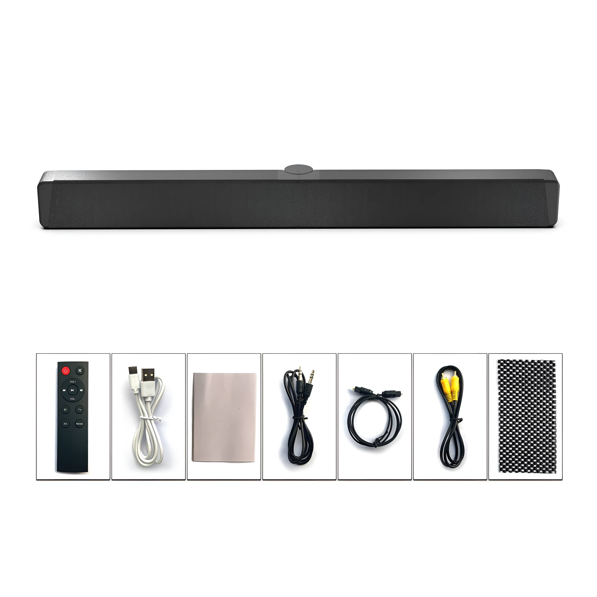 Schwarze Soundbar und Zubehör, weißer Hintergrund.