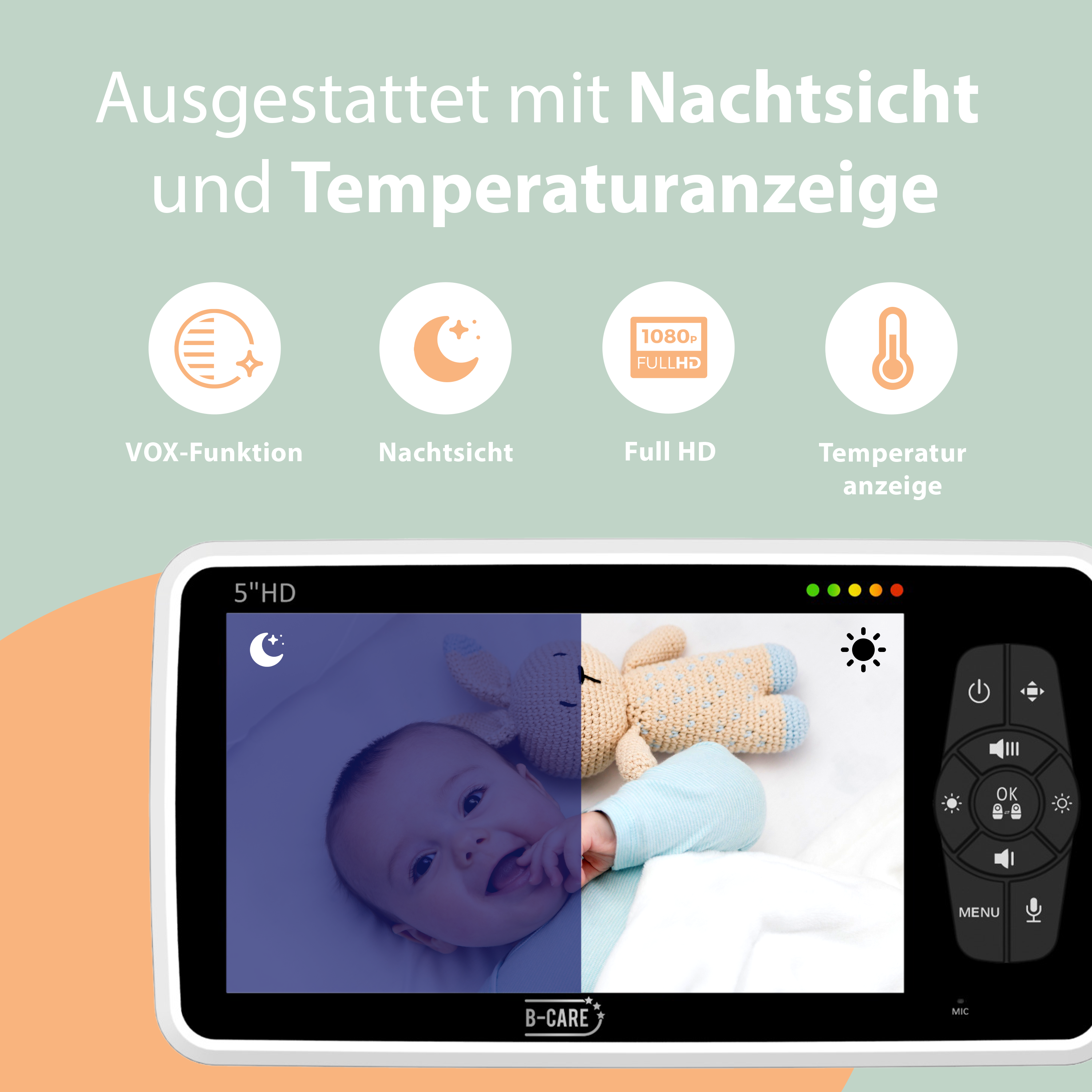 Babyphone mit Bildschirm, der ein Baby und ein Spielzeug zeigt, mit Nachtsicht.