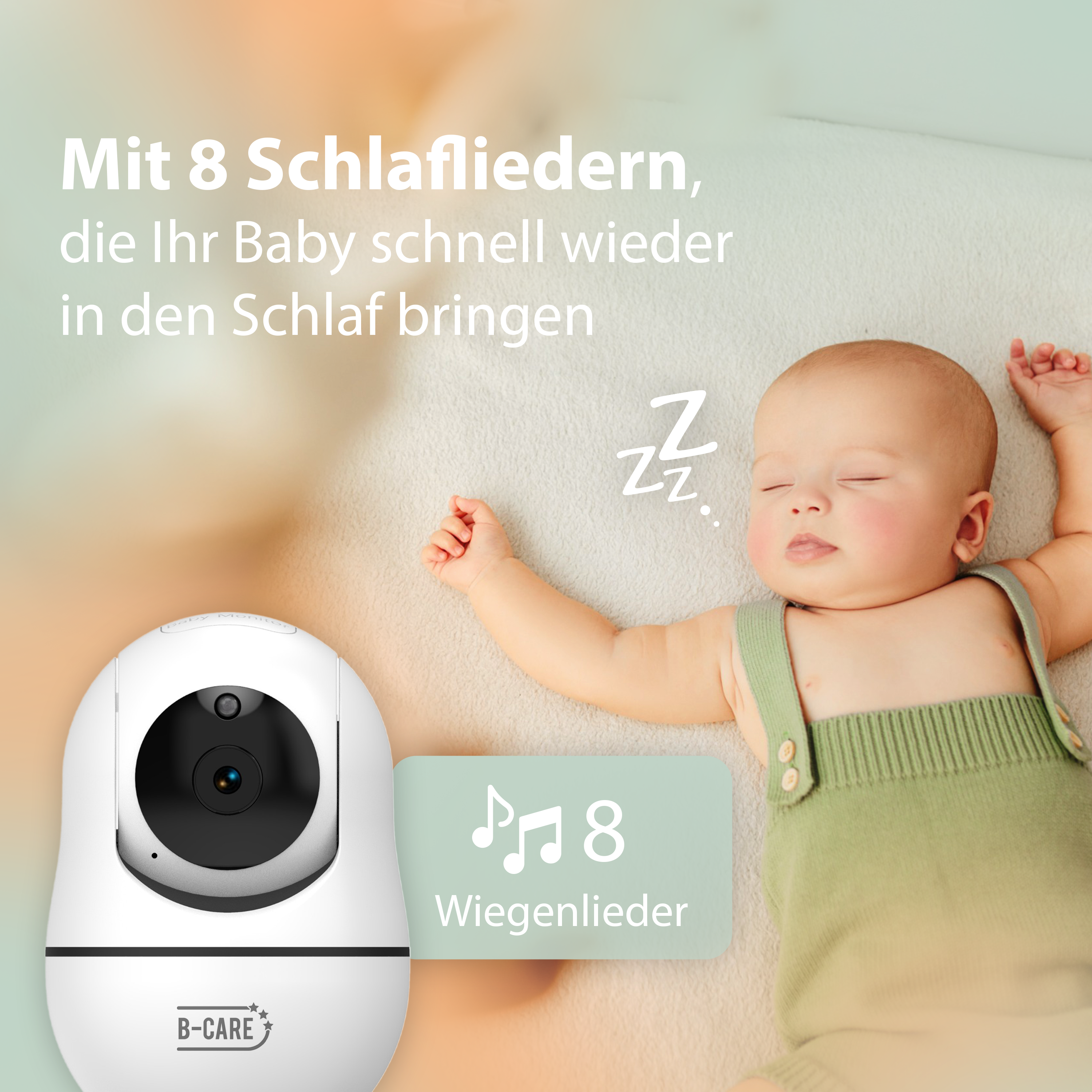 Baby schläft neben einem Babyphone mit Textüberlagerung.