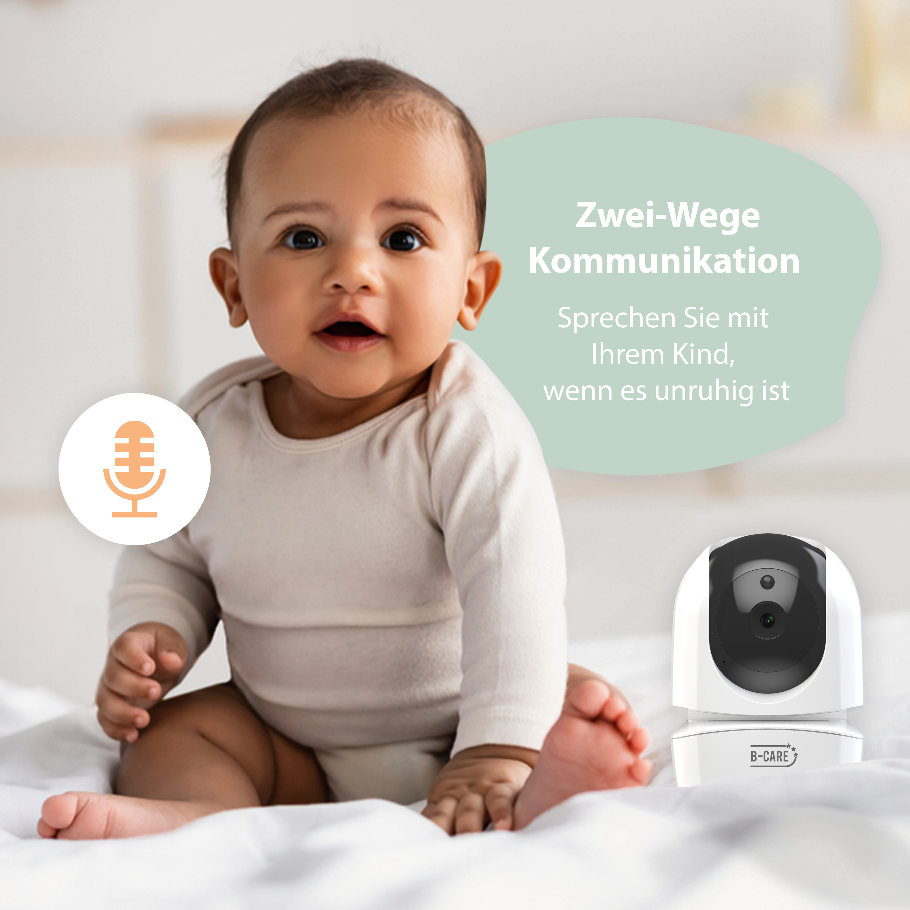 Baby im Body und Babyphone. Text: Zwei-Wege-Kommunikation. Sprechen Sie mit Ihrem Kind, wenn es unruhig ist.