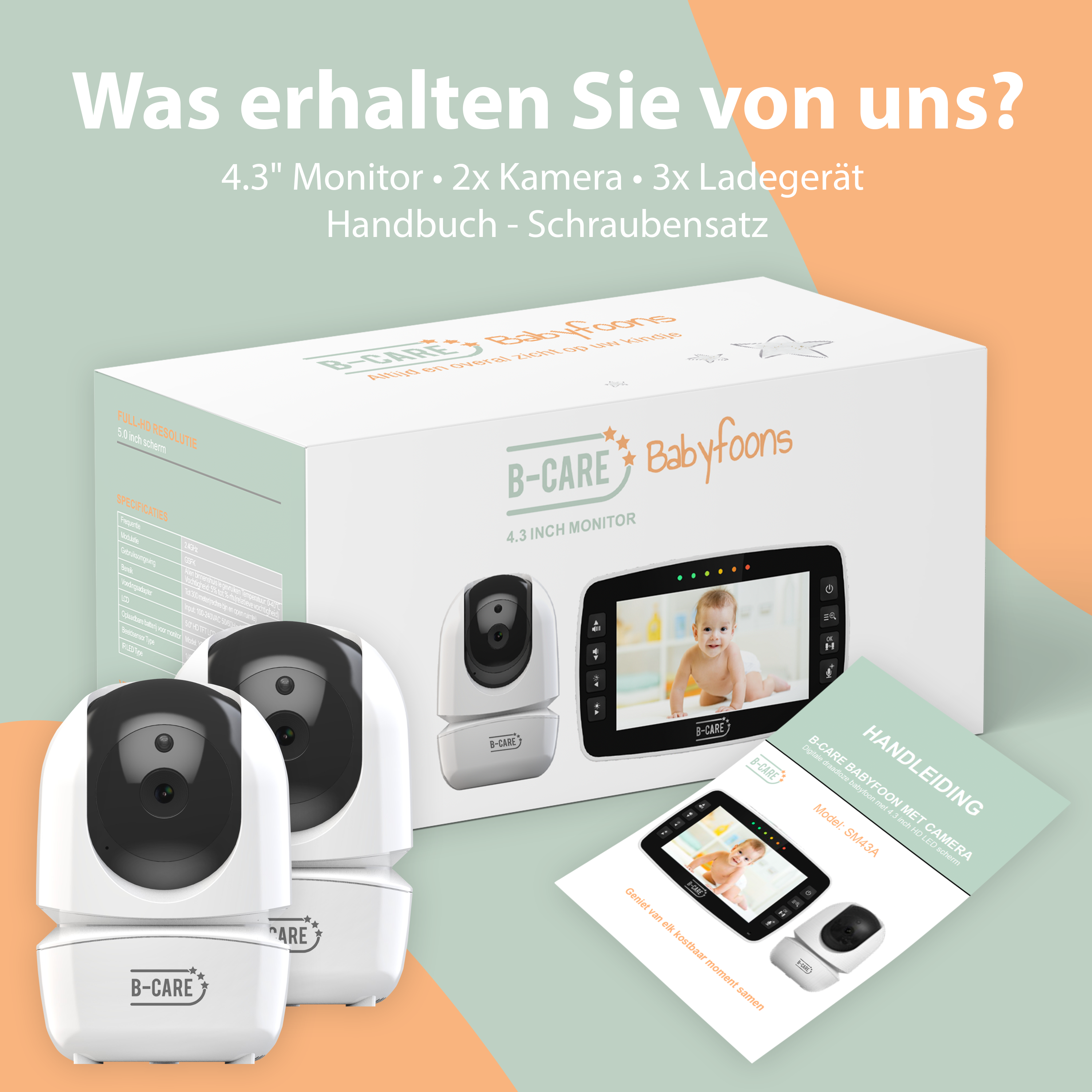 Babyphone-Set mit zwei Kameras, einem Monitor und einer Anleitung auf weißem Hintergrund.
