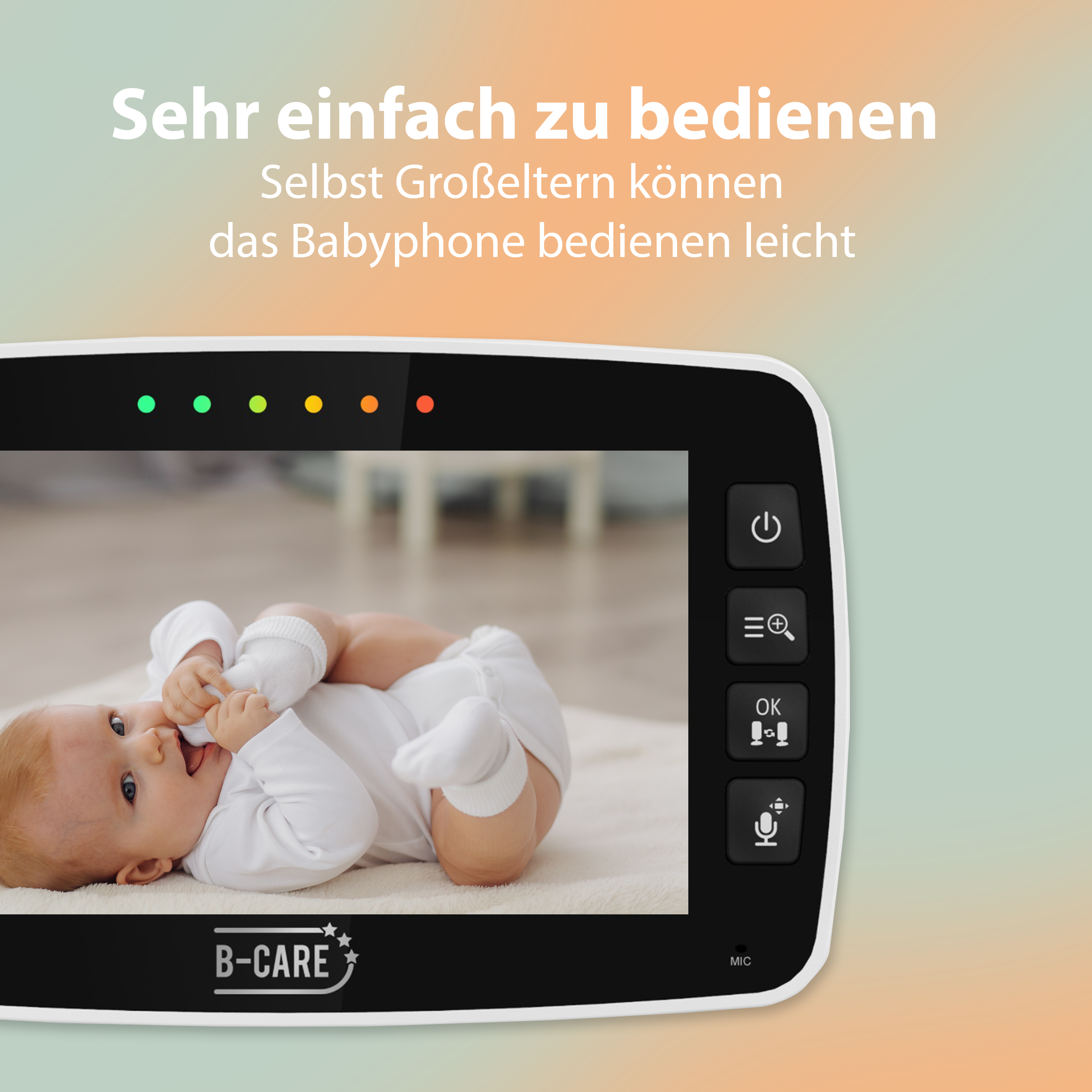 Babyfon-Bildschirm mit liegendem Baby. Text auf Deutsch oben.