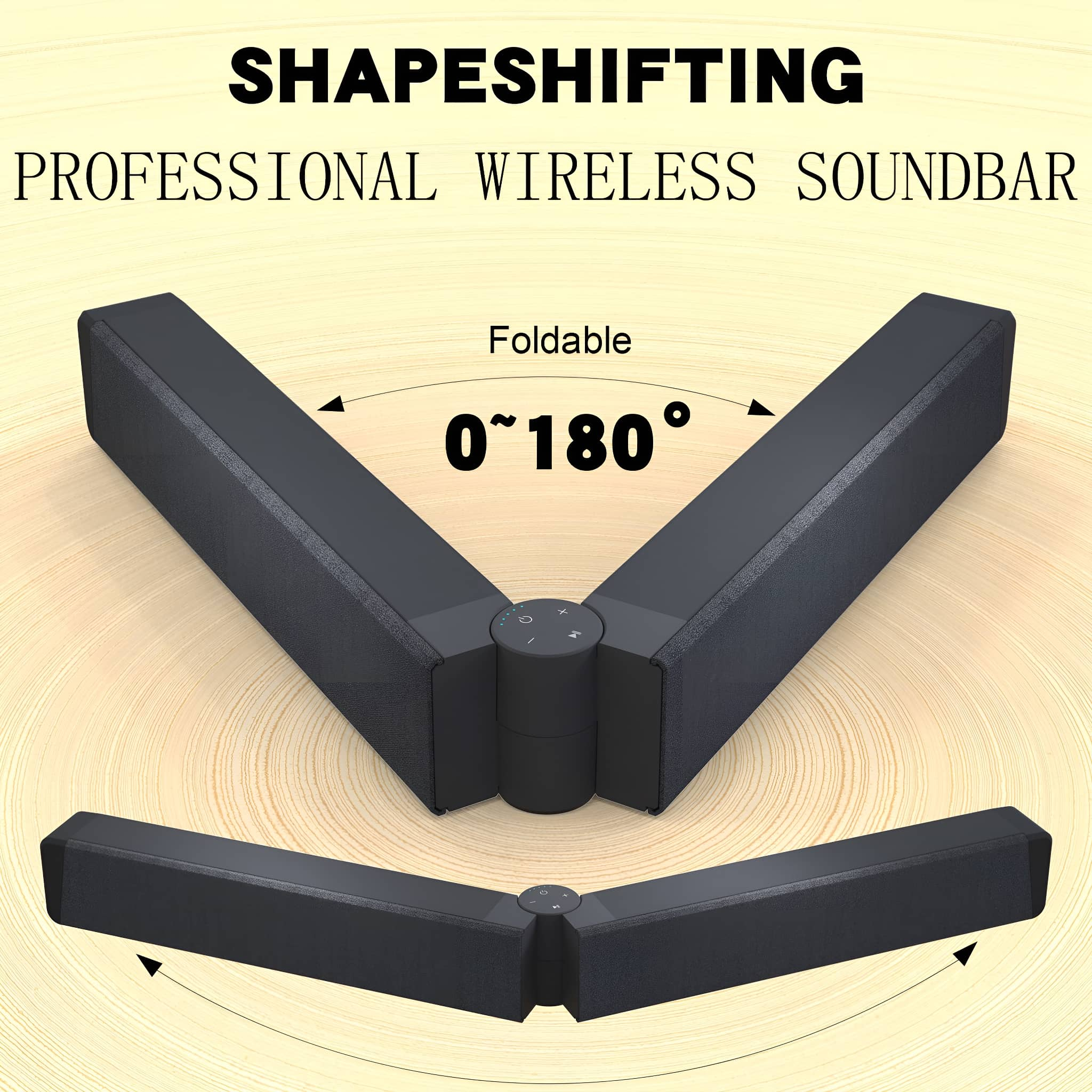 Eine faltbare Soundbar mit dem Text 'SHAPESHIFTING PROFESSIONAL WIRELESS SOUNDBAR'.